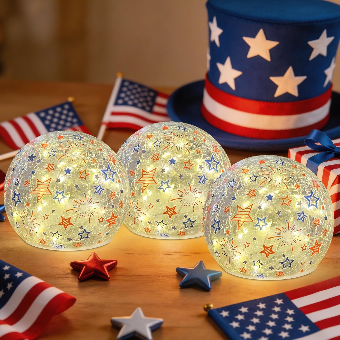 3PCS Independence Day Decorative Lights, 3.93-inch Independence Day Desktop Decoration LED Night Light, Cracked Glass Ball Light with Timer, 4th of July Decorations (Fireworks Pattern)