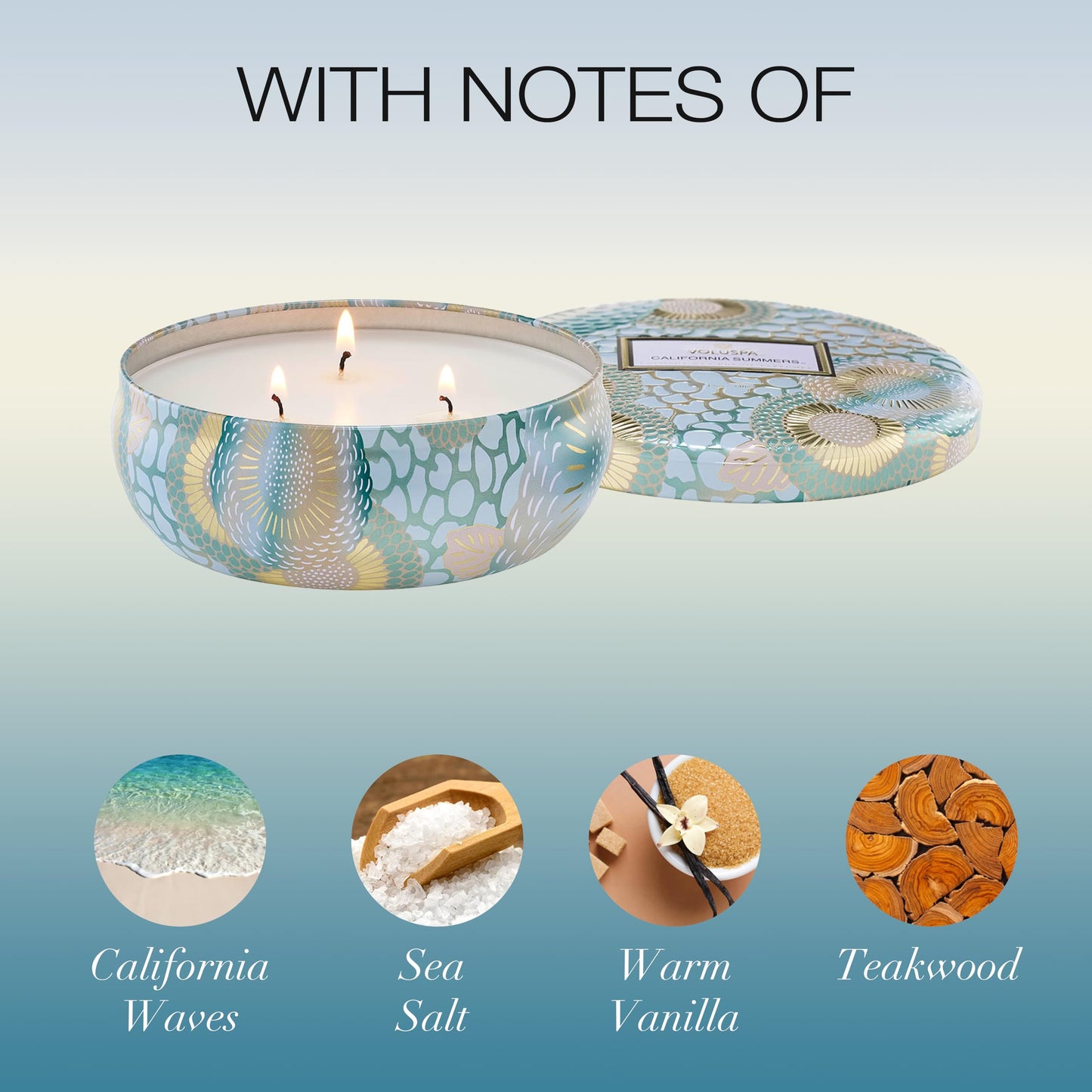 Voluspa California Summers Candle Tin, 12 oz, Coconut Wax Blend, 3 Wick Candle, Scented Candles for Home, 40 Hour Burn Time, Poured in the USA