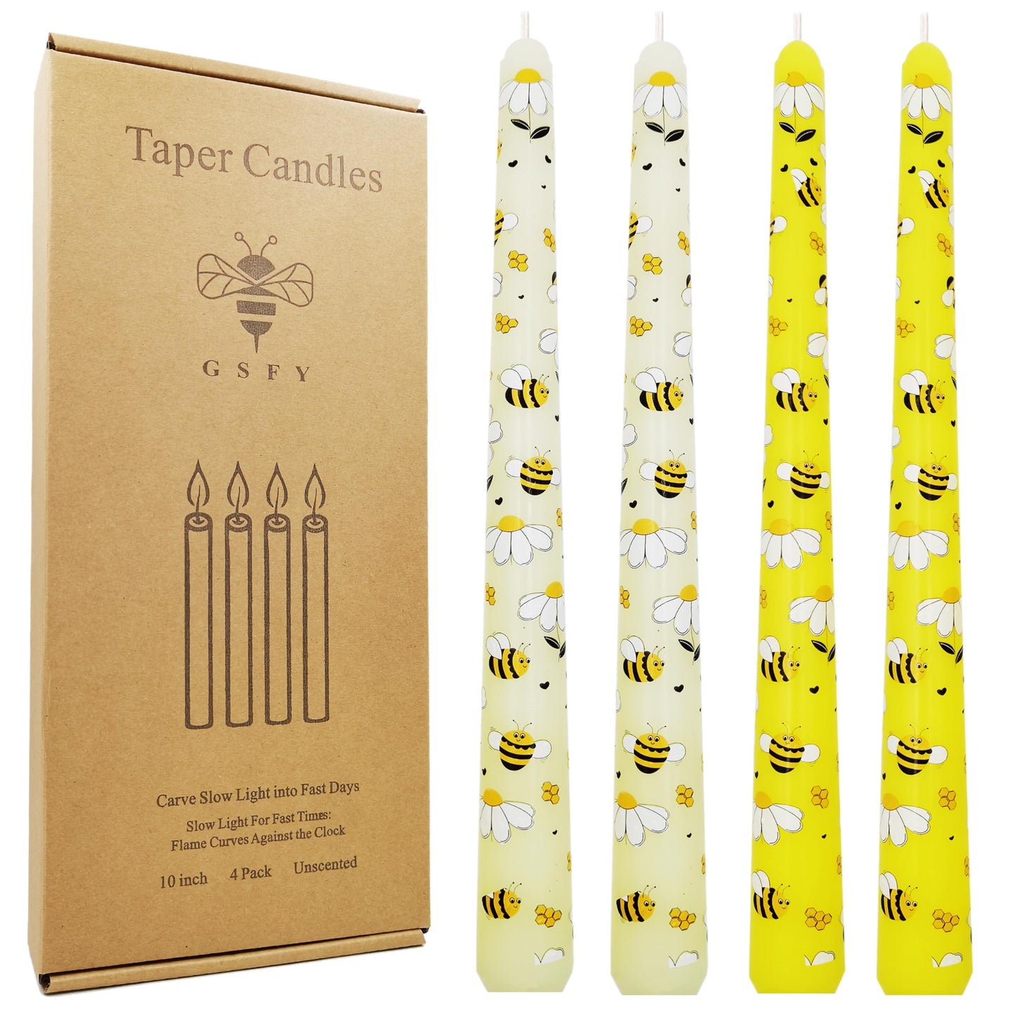 FYBW Bee Print Taper Candles 10 Inch 4 Pack Unscented, Smokeless, Tall Tapered Candles for World Bee Day Mother's Day, Wedding Holiday Party(BY3)