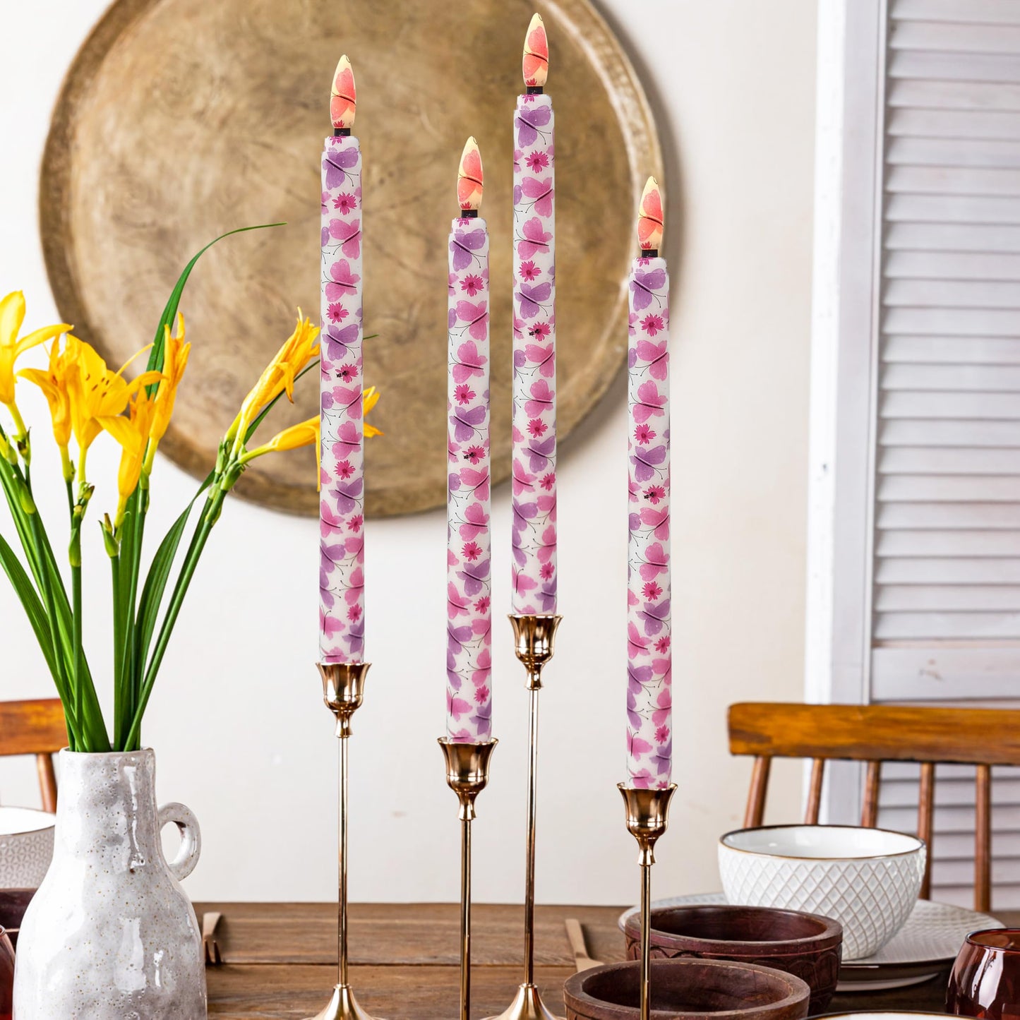FCMSHAMD 6PCS Pink Butterfly Flameless Taper Candles, 11 Inch LED Candlesticks Battery Operated with 11-Key Remote and Timer, 3D Flickering Flame Lights for Wedding Party Home Decor Gifts