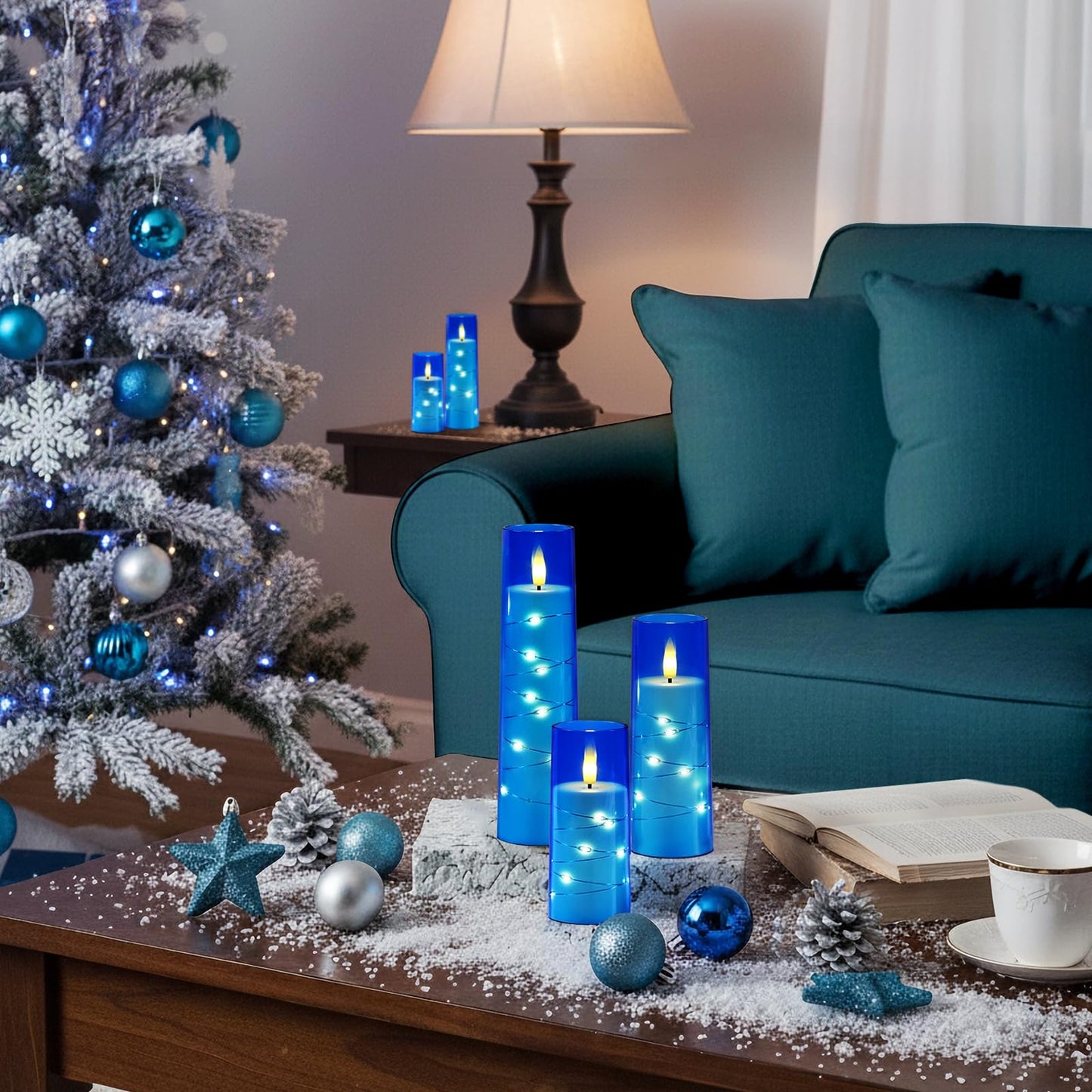 Raycare Independence Day Flameless Candle with Remote Timer – 5 Flickering Acrylic Battery Operated LED Pillar Candles with Embedded Star String for 4th of July Home Patriotic Decor, as a Gift (Blue)