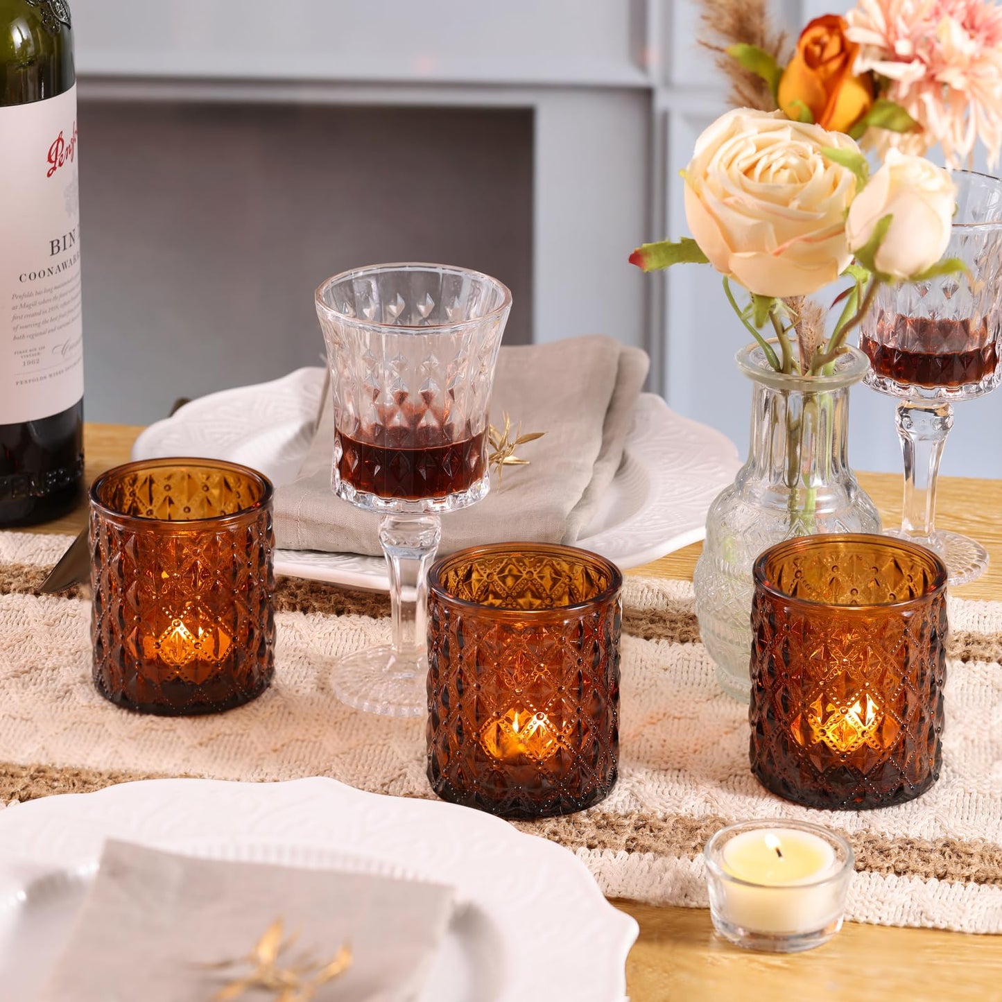 MATAHUM 12Pcs Large Votive Candle Holders 2.8 * 3.2in Amber Tea Light Candle Holders Glass Candle Holder for Bridal Shower, Wedding, Table Centerpiece, Party, Home Decor