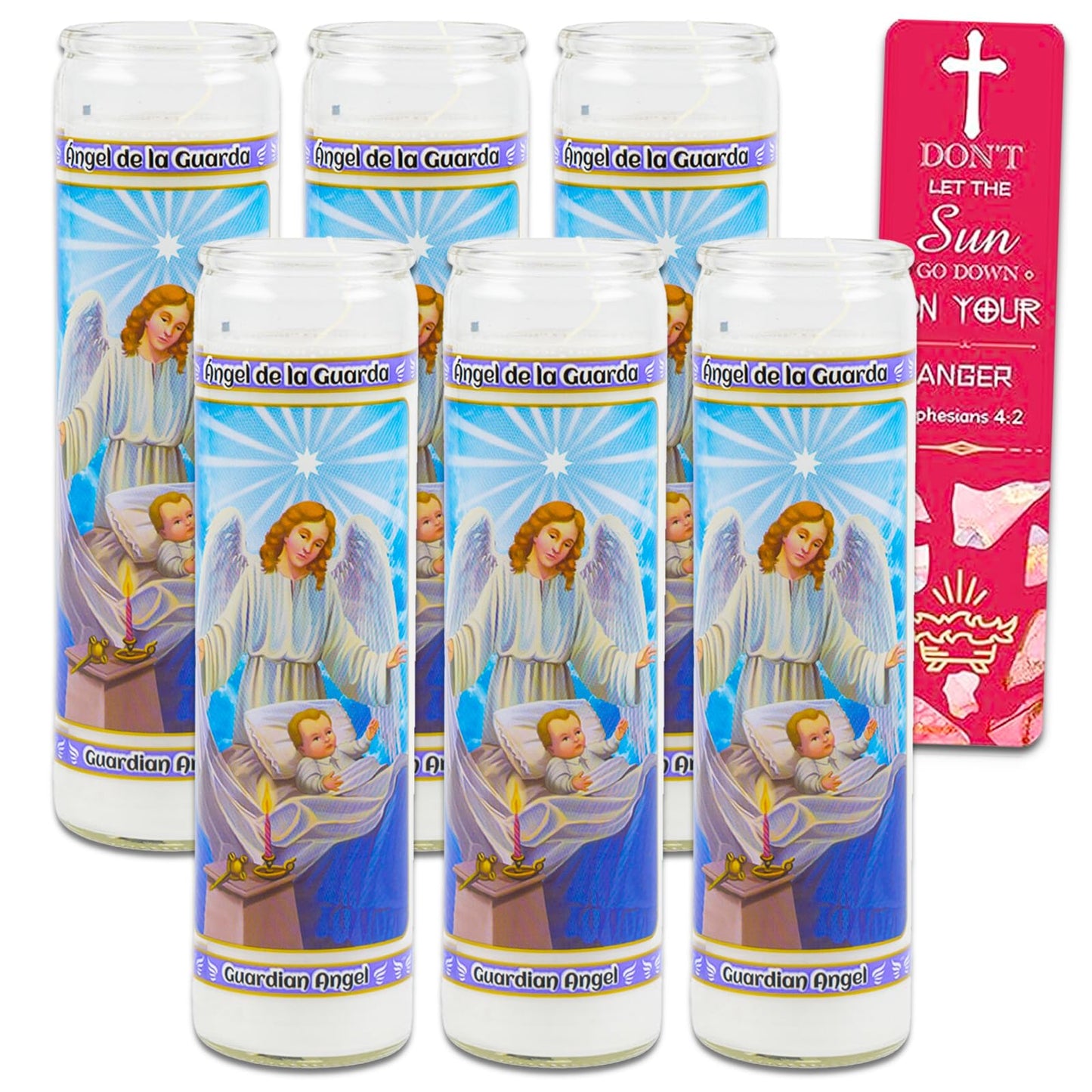 Guardian Angel Prayer Candle 6 Pack - Bundle with 6 Guardian Angel Glass Prayer Candles for Devotionals, Vigils, Prayers, Blessing, Religious Ceremonies, More Bookmark | Unscented Religious Candles