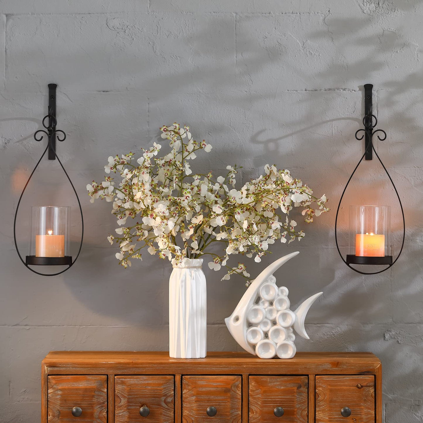 Wisiron Hanging Water Drop-Shaped Wall Sconce Wall Mounted Hurricane Candle Holder Glass & Metal Farmhouse Handcrafted Wall Art Decorations, Black Set of 2 HT21-0204B2