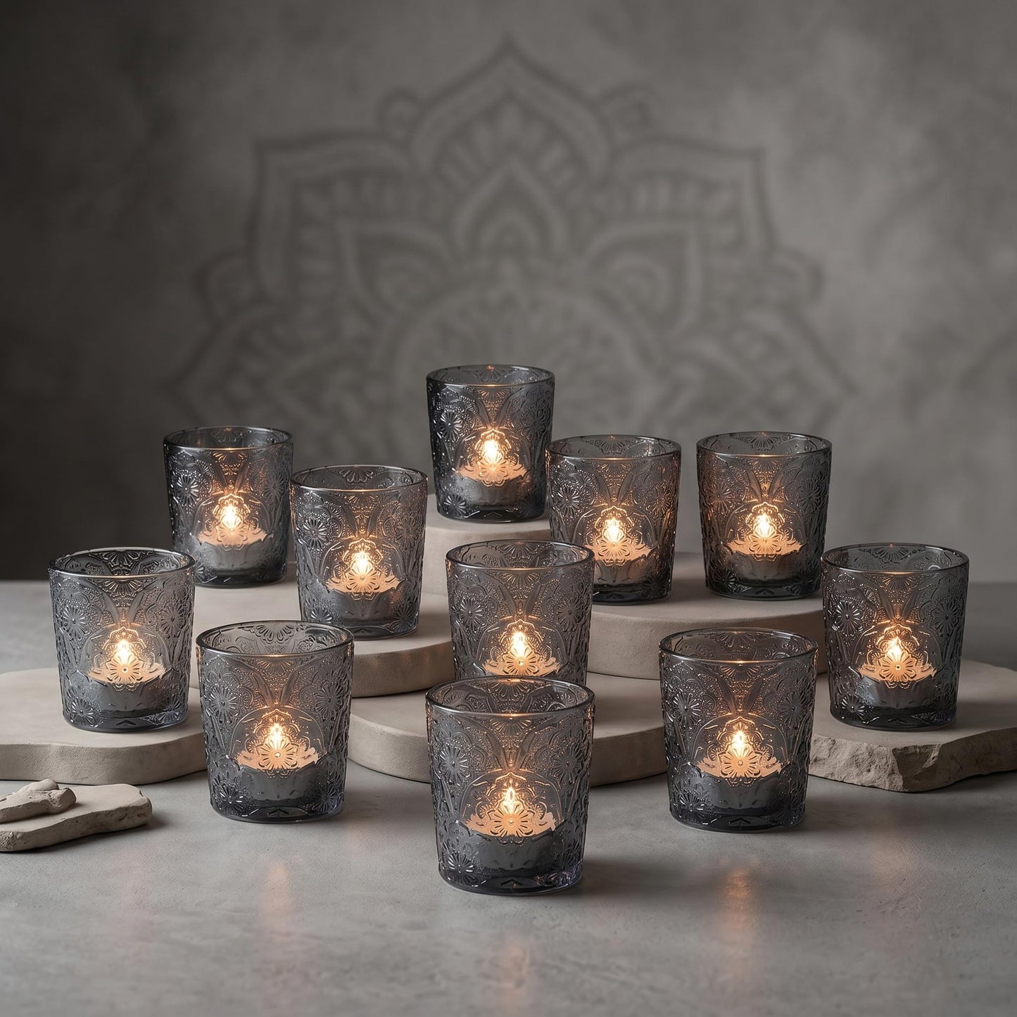 12 Pack Mandala Embossed Glass Candle Holders – Votive Tealight Holders with Patent Design, Decorative Embossed Glass Cups for Wedding Centerpieces, Parties, and Home Décor (Smoky Quartz)