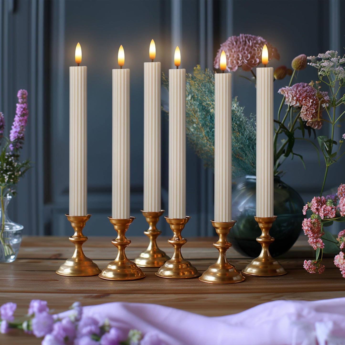 West Ivory 12 Pack, 10" LED Flameless Cream Beige Fluted Ribbed Grooved Taper Candles, Remote & 24h Timer Memory, On/Off Button, Dimmable, Flicker Mode, Battery Operated, Christmas Menorah Wedding
