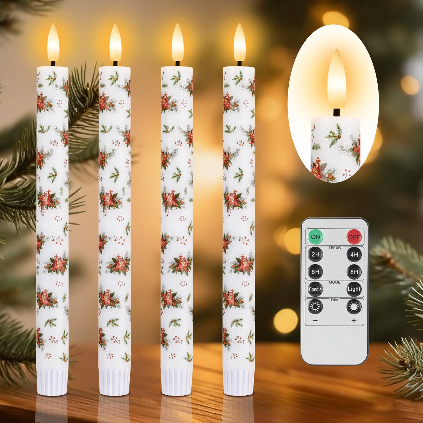 SEHNSY Christmas Flameless Taper Candles, 4 Pcs 9.64 Inch Poinsettia LED Candlesticks with 3D Flickering Flame, Battery Operated Candle with Remote for Xmas Home Décor Christmas Gifts