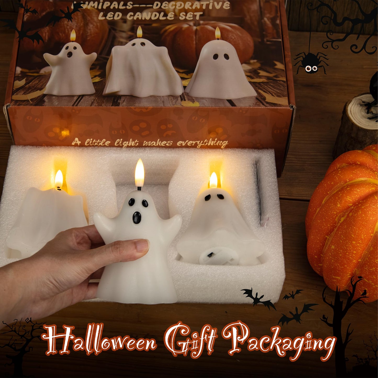 JOIONE Halloween Flameless Candles with Remote, 3D Flickering Flame Real Wax LED Battery Operated Candles, Cute Ghost Halloween Candle for Party and Home Decorations, Set of 3