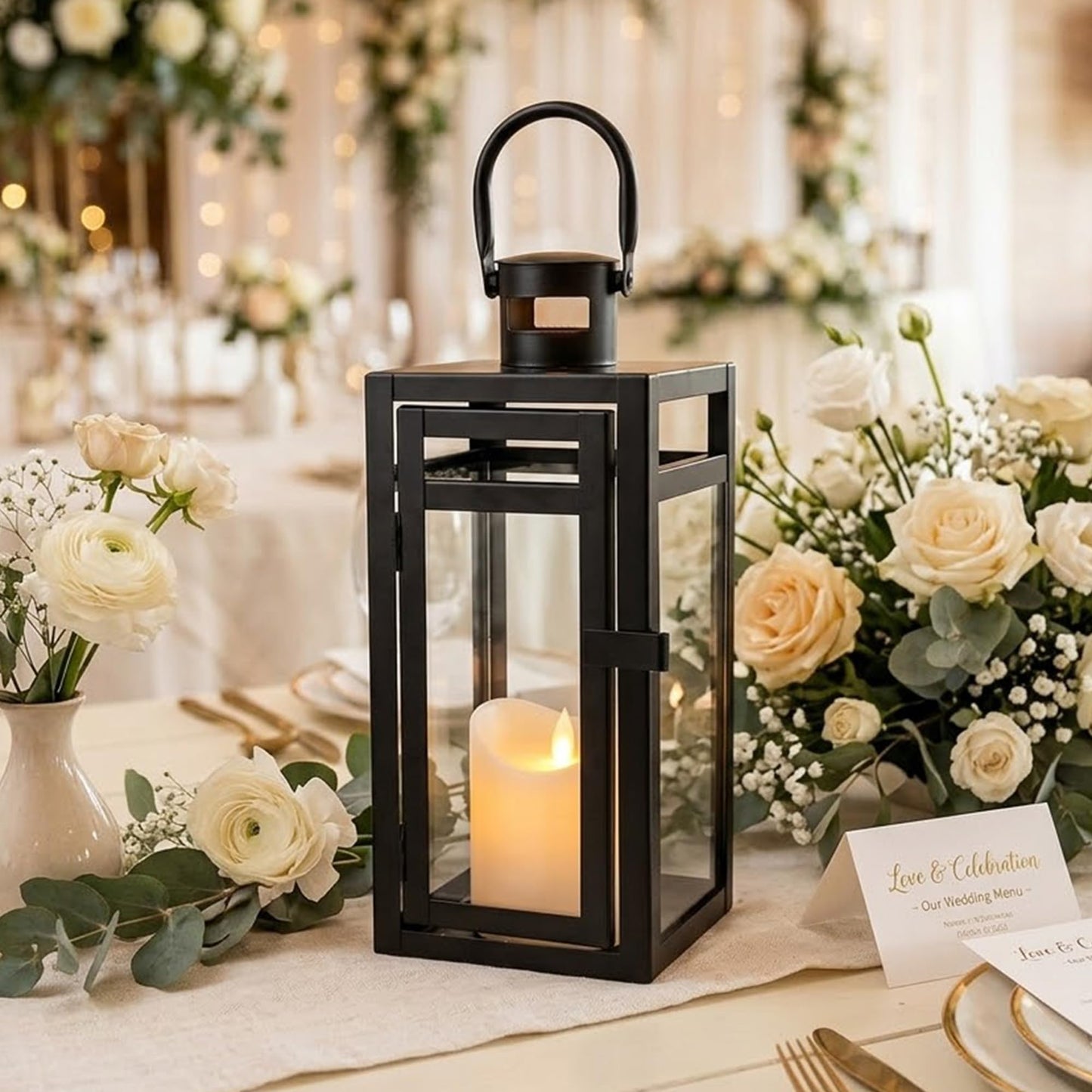 TRIROCKS Metal Candle Lantern 12'' High Decorative Outdoor Lantern Hanging Lantern with Tempered Glass for Christmas Home Decor Living Room Parties Events Tabletop Indoors Outdoors (Black Matte)