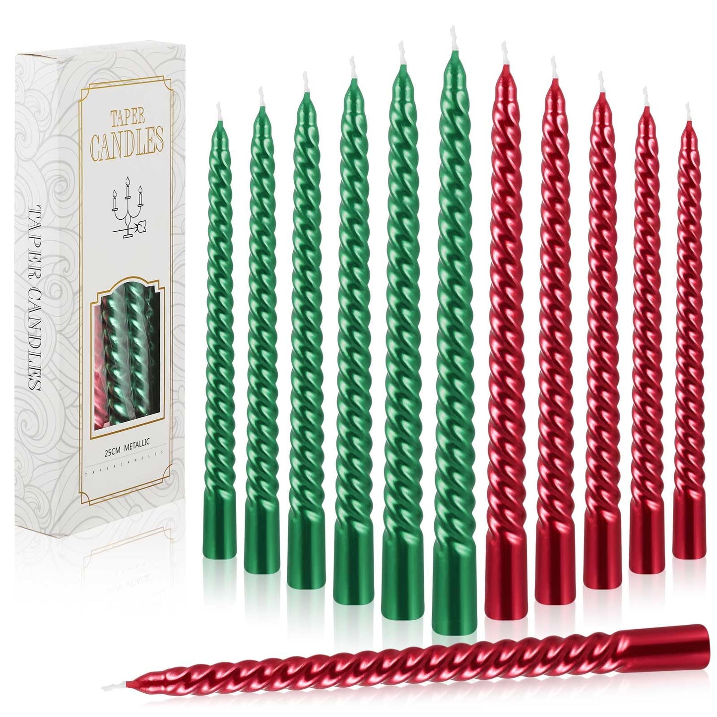 MTLEE 12 Pcs 10 Inch Christmas Spiral Taper Candles Red Green Dripless Twisted Wax Candles, Long Tapered Candles Unscented Candle Sticks for Xmas Home Party Dinner Dining Table Wedding Supplies