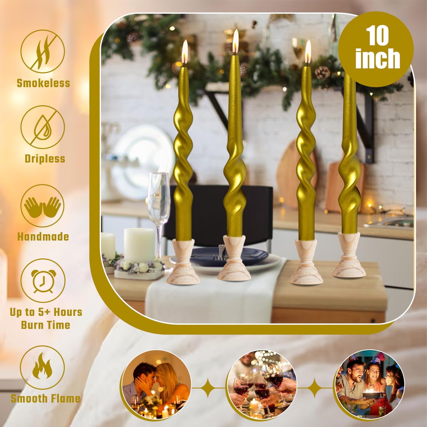 Christmas Spiral Candles Metallic Goldd Taper Candles -10 in Unscented Candlestick for Winter Gift Holiday Christmas Home Decoration Candles, 4 Pack