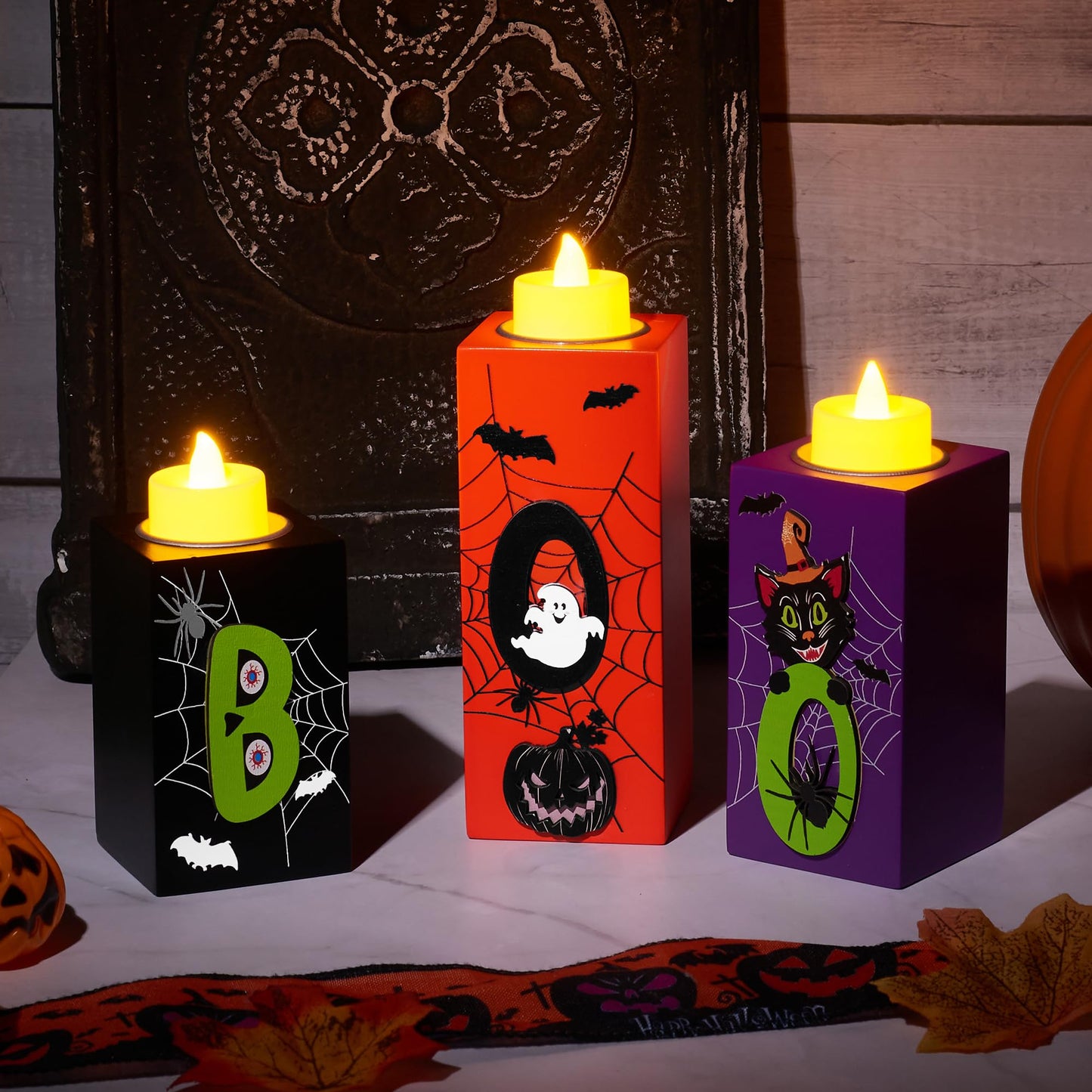 BlcTec Halloween Decorations, 3 PCS Halloween Wood Candle Holders with LED Tea Lights & 3D Carving Craft, Wood Candle Centerpieces for Home, Table, Office, Tiered Tray, Décor, Black Orange Purple
