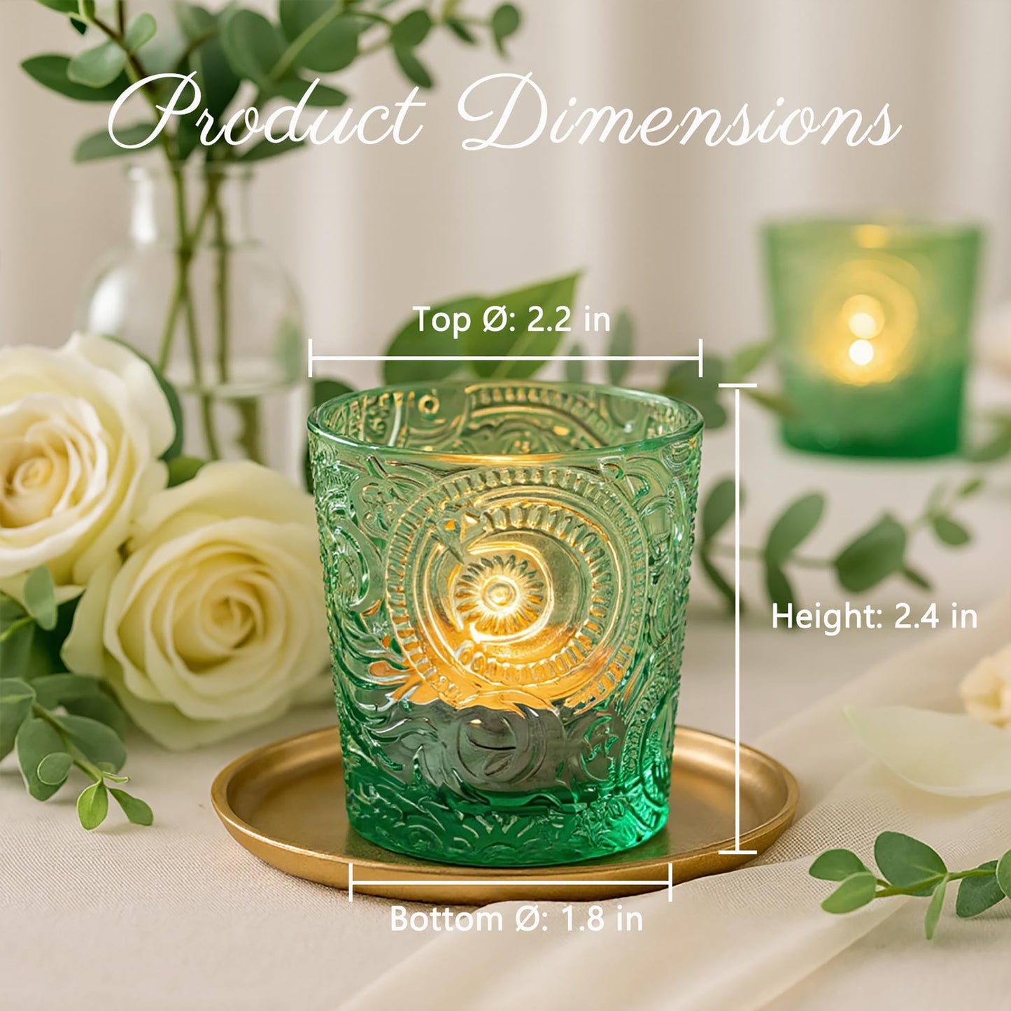 6 Pack Sun Moon Star Embossed Glass Tea Light Candle Holders - Votive Candle Holders for Wedding, Party, Home Decor, and Table Centerpieces (Apple Green)