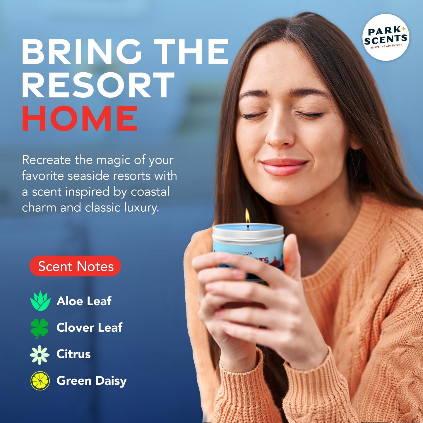 Park Scents Resorts – Floridian Theme Park Luxury Hotel Candle – Clover, Aloe, Citrus & Daisy Scented Candles for Home – 8oz Vegan Soy Wax Blend, Birthday Gifts for Women, Hostess, Sister, Best Friend
