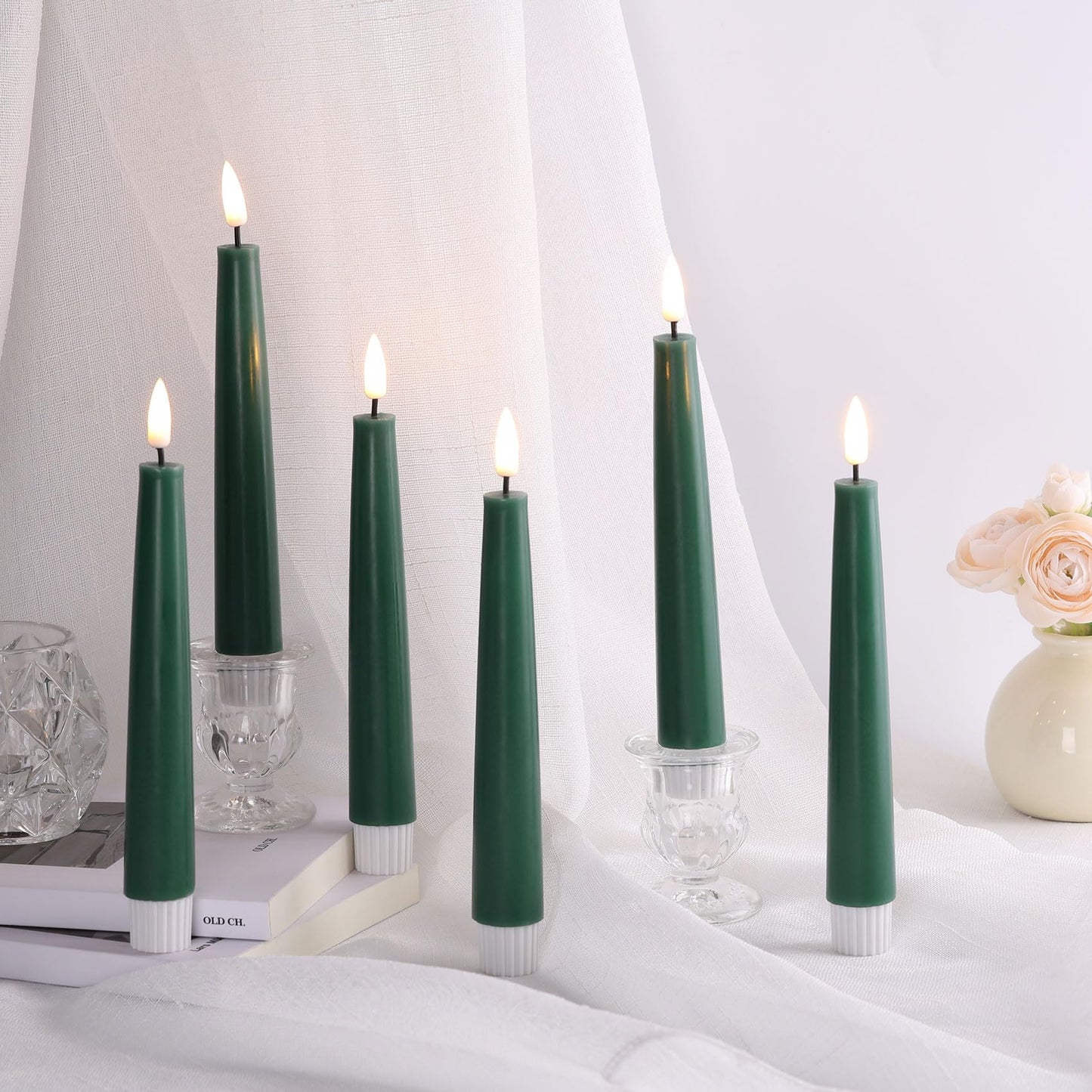 Eywamage Short Green Flameless Taper Candles with Remote, Flickering Spring Battery LED Wax Candlesticks Set of 6