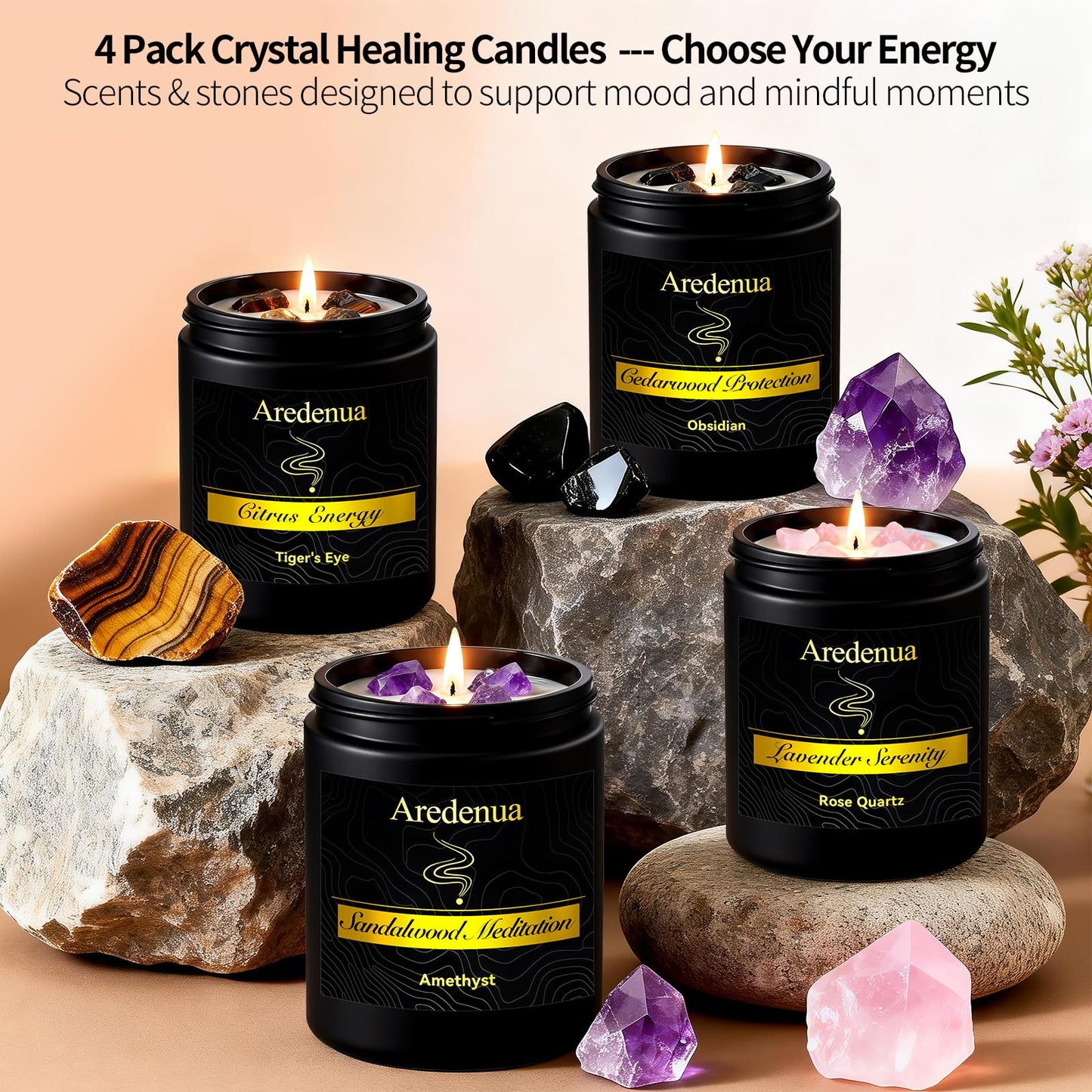 Aredenua Lavender Candle for Sleep and Stress Relief, Rose Quartz Crystal Healing Candle with Natural Soy Wax, Scented Candle for Relaxation, 7oz Long Lasting 50 Hours, Calming Gifts for Women Men