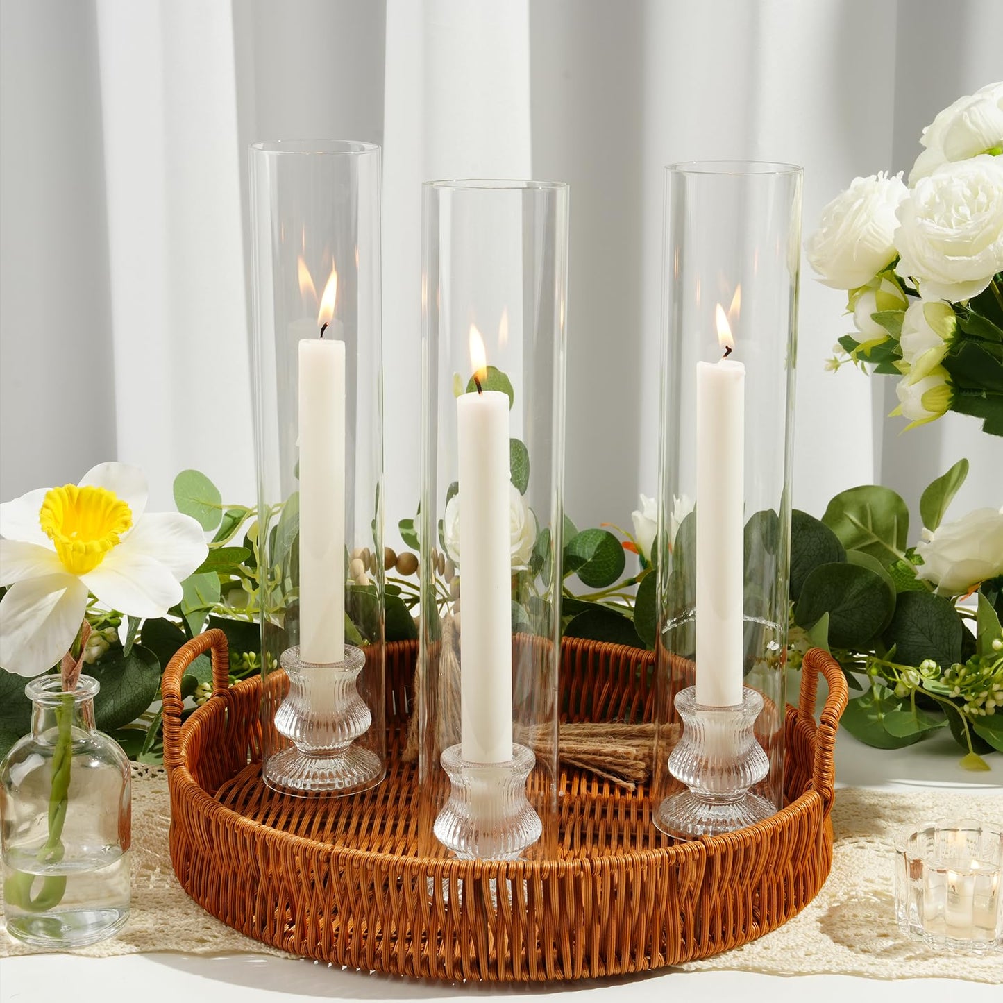 Hurricane Glass Candle Holders 10Pcs Fluted Candlestick Holders for Taper Candles with Cylinder Covers Crystal Candle Sticks Holder Decor for Wedding Birthday Christmas Table Decoration