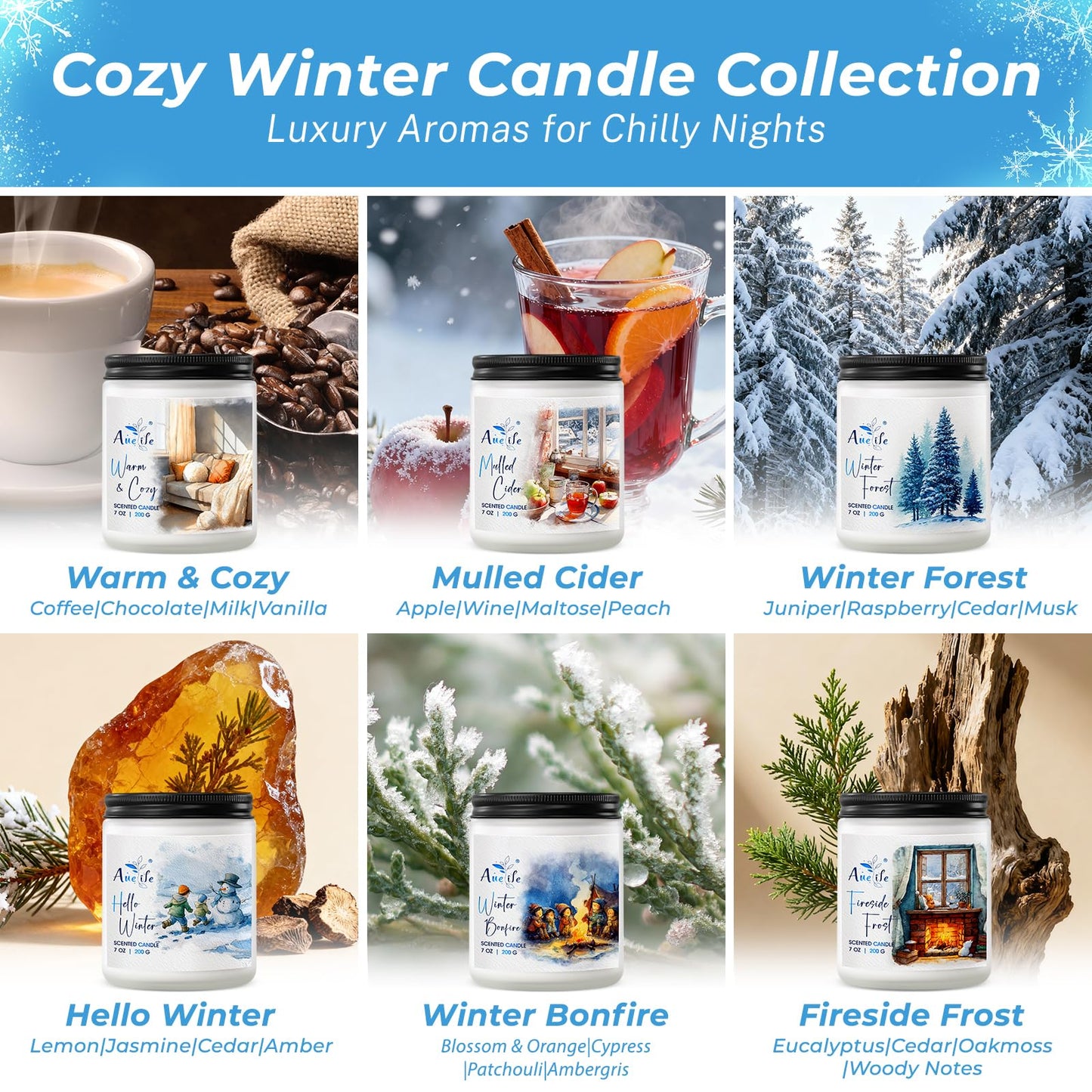 Winter Candle Set | 6 Pack Christmas Scented Candles for Home - Holiday Soy Candle Gift Set for Women Men, Aromatherapy Candles Scents of Hello Winter/Forest/Cider/Warm/Fireside/Bonfire