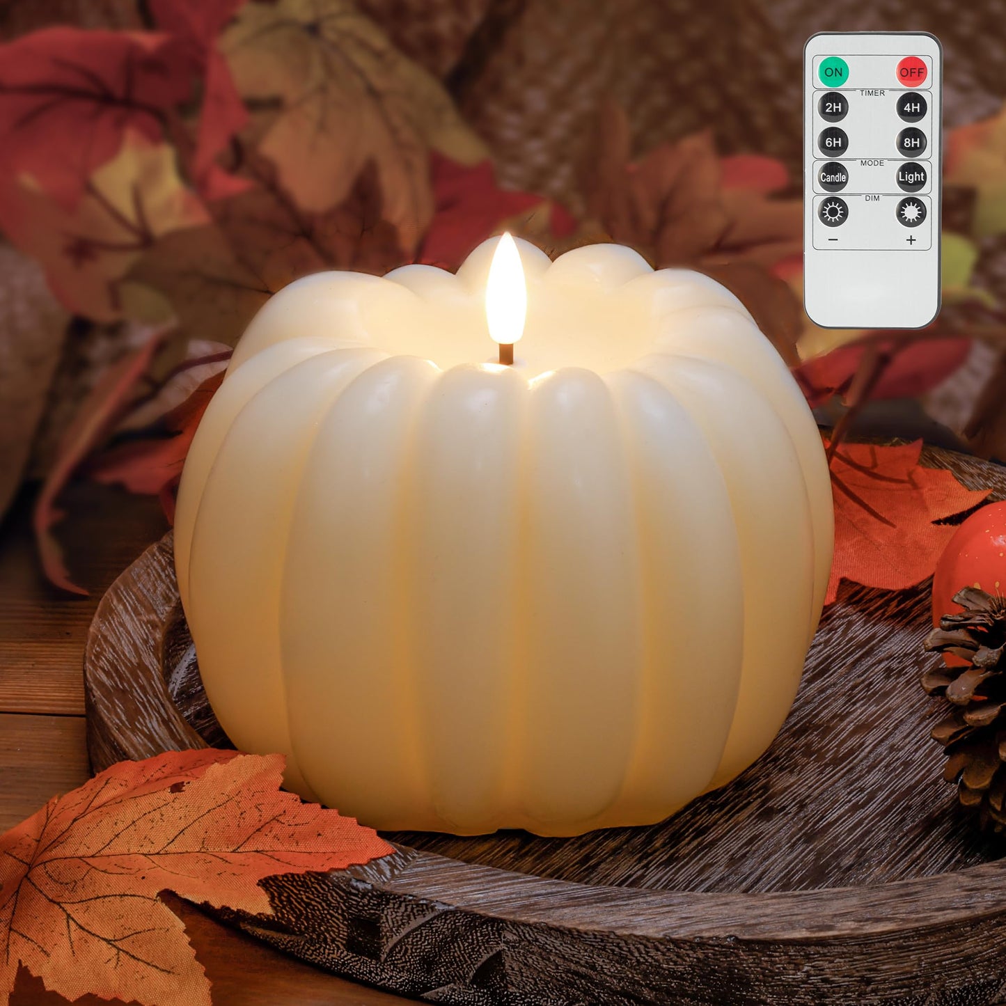 JOIONE Fall Flameless Led Pumpkin Candles with Remote, Real Wax Pumpkin Shaped Battery Operated Flickering Candles with Timer for Thanksgiving Decor, Fall Harvest Decor, Halloween Decorations, Ivory