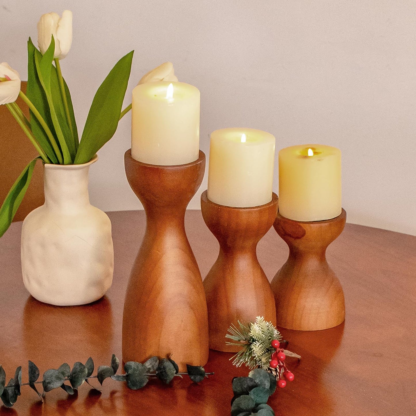 Set of 3 Farmhouse Wooden Candle Holders for Pillar Candles , Brown Rustic Wood Pillar Candle Stands Table Centerpiece Decor for Fireplace, Living, and Dining Room