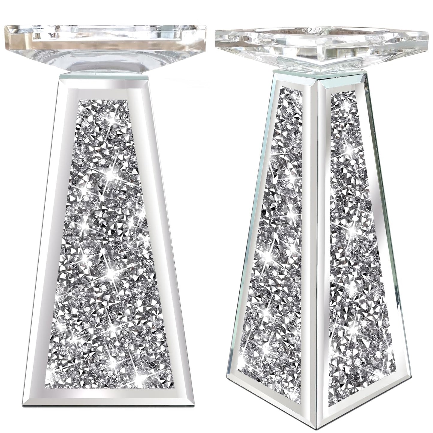 Wocred 2 Piece Candlestick Holders for Holding Pillar Candles, Crystal Crushed Diamond Candle Holders Set Decor for Dinning Room, Silver Glass Votive Candle Holders for Table Centerpiece(8”)