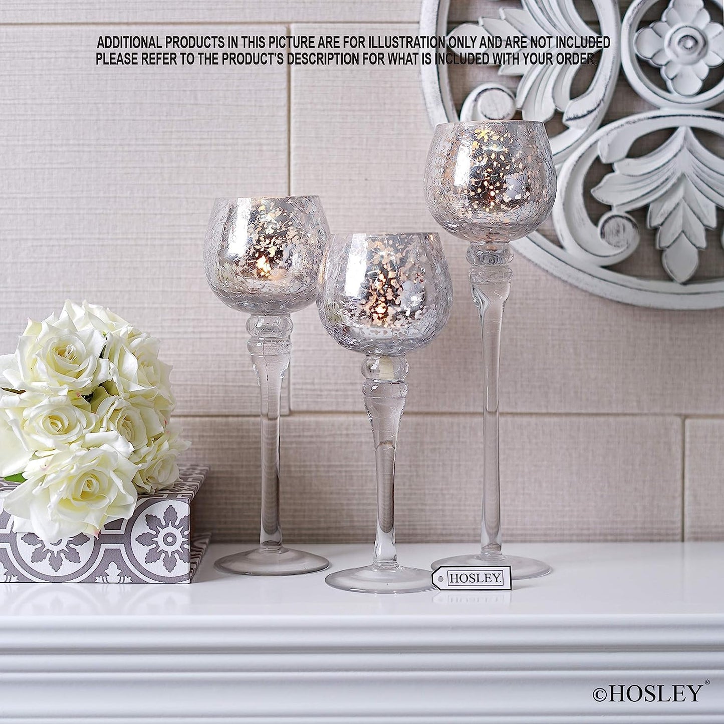 Hosley 3 Sets Crackle Metallic Glass Tealight Holders Set /3-12 Inch, 10 Inch, 9 Inch Ideal for Weddings Special Events Parties Also Makes a Great Gift