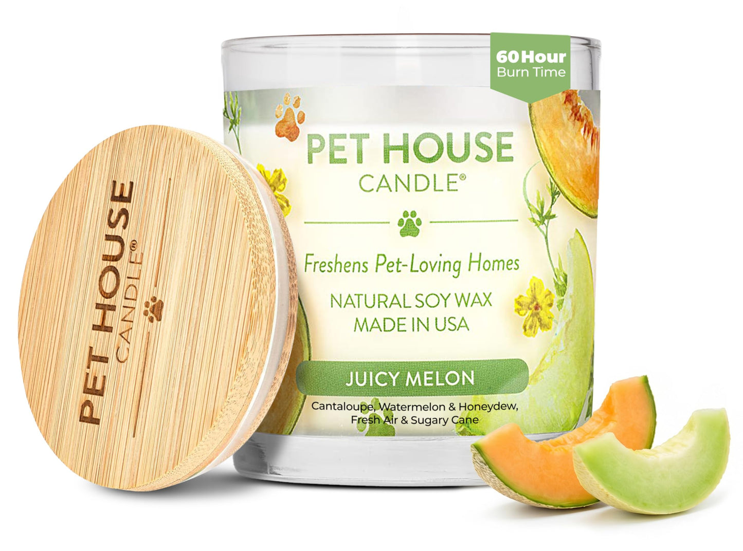 Pet House Candles, Natural Plant-Based, Long Lasting Candles for Pet Odor, 60 Hour Burn Time - Juicy Melon, 9 oz