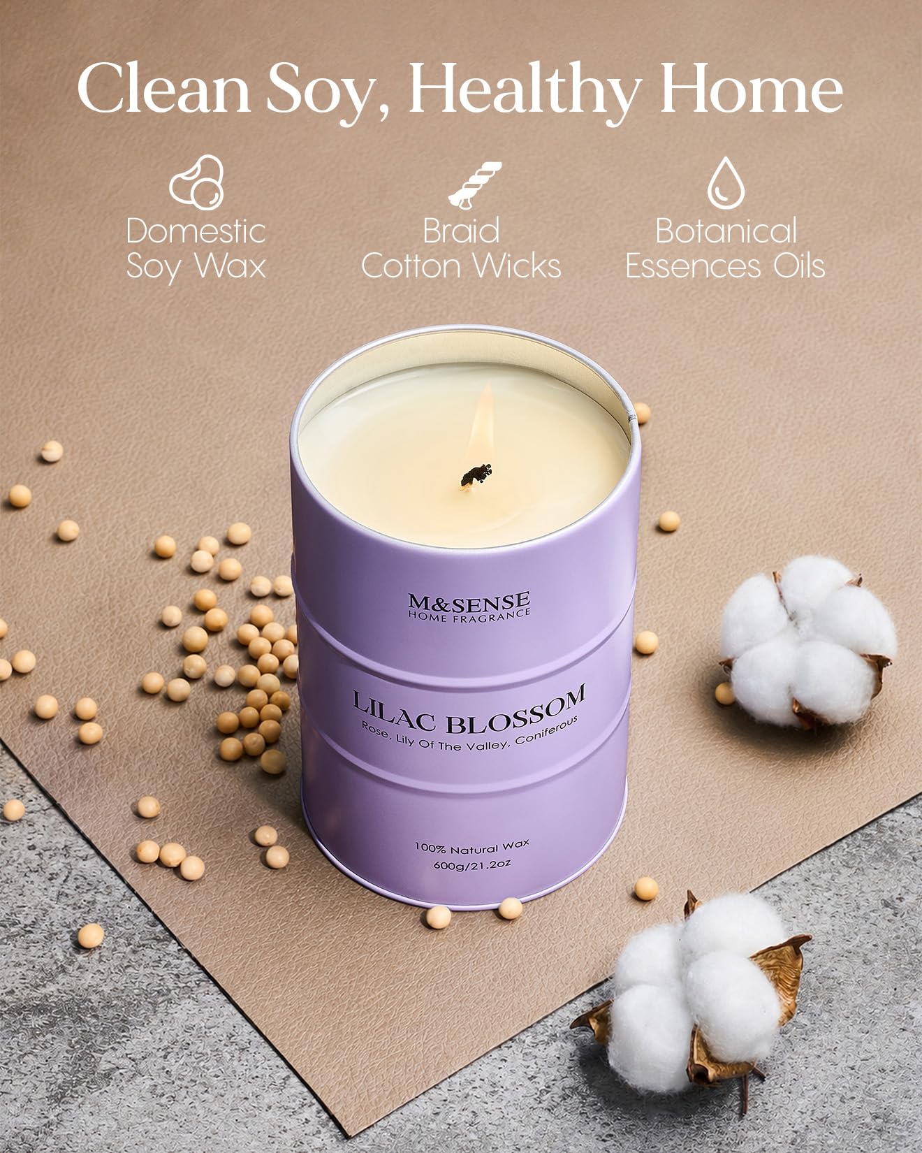 M&SENSE Lilac Blossom Soy Candles for Home Scented, 21.2oz 120 Hour Long Burning Large Aromatherapy Candle for Stress Relief Meditation Yoga Relaxing SPA, Housewarming Gifts for Women