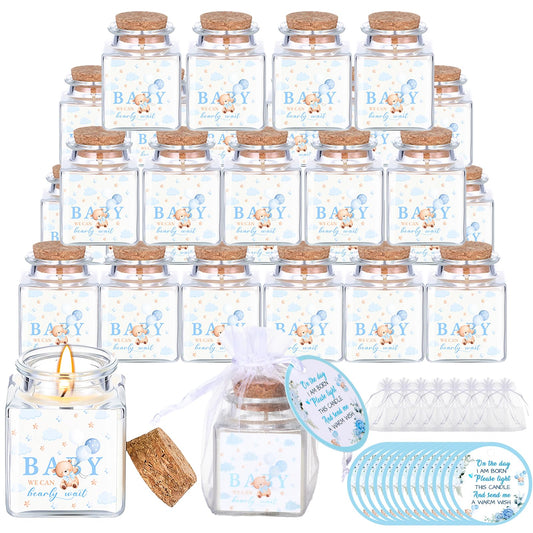 Reallnaive 24 Sets Bear Baby Shower Candle Favors for Guests Including 1.5 oz Unscented Jar Candles with Thank Tags and Return Gift Bags for Boy Girl Baby Shower Neutral Gender Reveal Party (Blue)