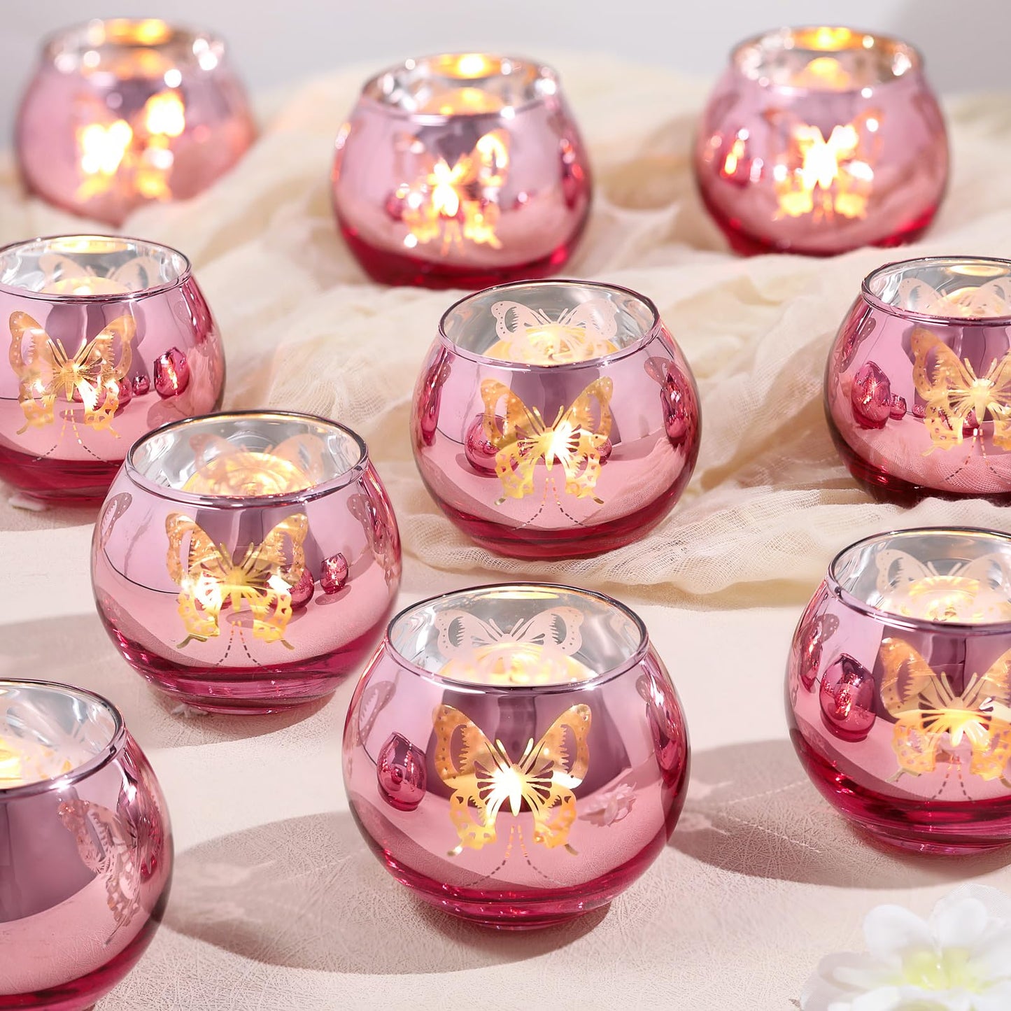 12 Pcs Pink Votive Candle Holders Set Tea Lights Candle Holder Bulk Butterfly Candle Holders Butterfly centerpieces for Tables Wedding Birthday Anniversary Parties Holiday Decorations