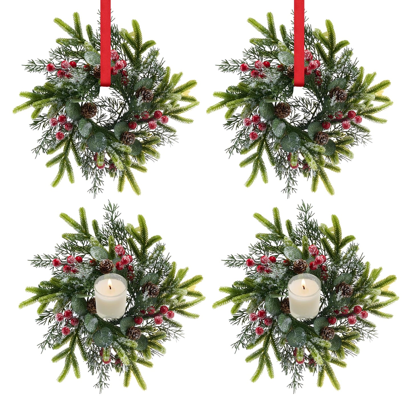Tupetcs 9.8inch Christmas Wreath, 4Pcs Small Christmas Wreath Decorations for Home Front Door Porch Table Centerpieces Candle Rings Wall Window Cabinets Farmhouse Decorations