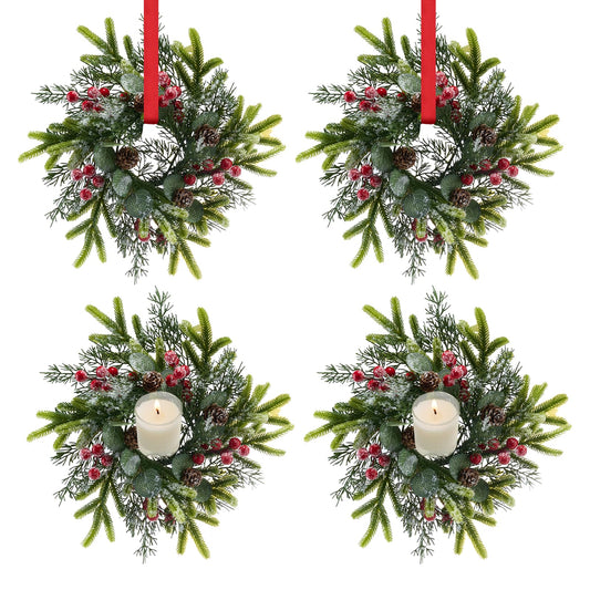 Tupetcs 9.8inch Christmas Wreath, 4Pcs Small Christmas Wreath Decorations for Home Front Door Porch Table Centerpieces Candle Rings Wall Window Cabinets Farmhouse Decorations