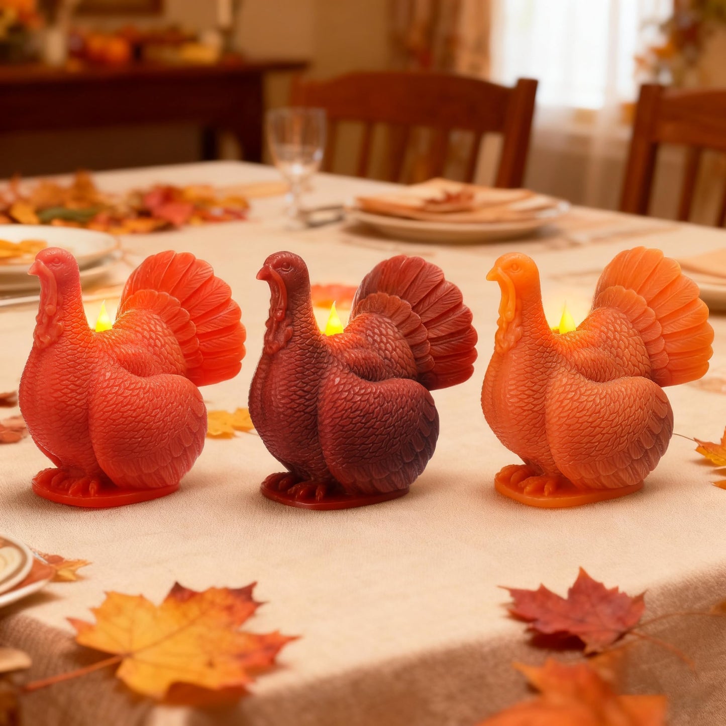 LCZLUMIPRO Set of 3 Autumn Harvest Flameless Candles - Real Wax Turkey Shaped LED Candles with Remote Timer, Battery Operated for Fall Thanksgiving Table & Winter Home Decor
