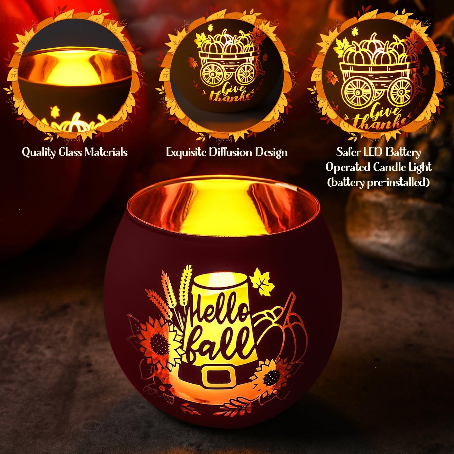 VIHOSE 6 Set Thanksgiving Votive Candle Holders with 6 LED Battery Operated Candles Fall Glass Tealight Holders Fall Table Decorations for Home Table Centerpiece Decor Gifts