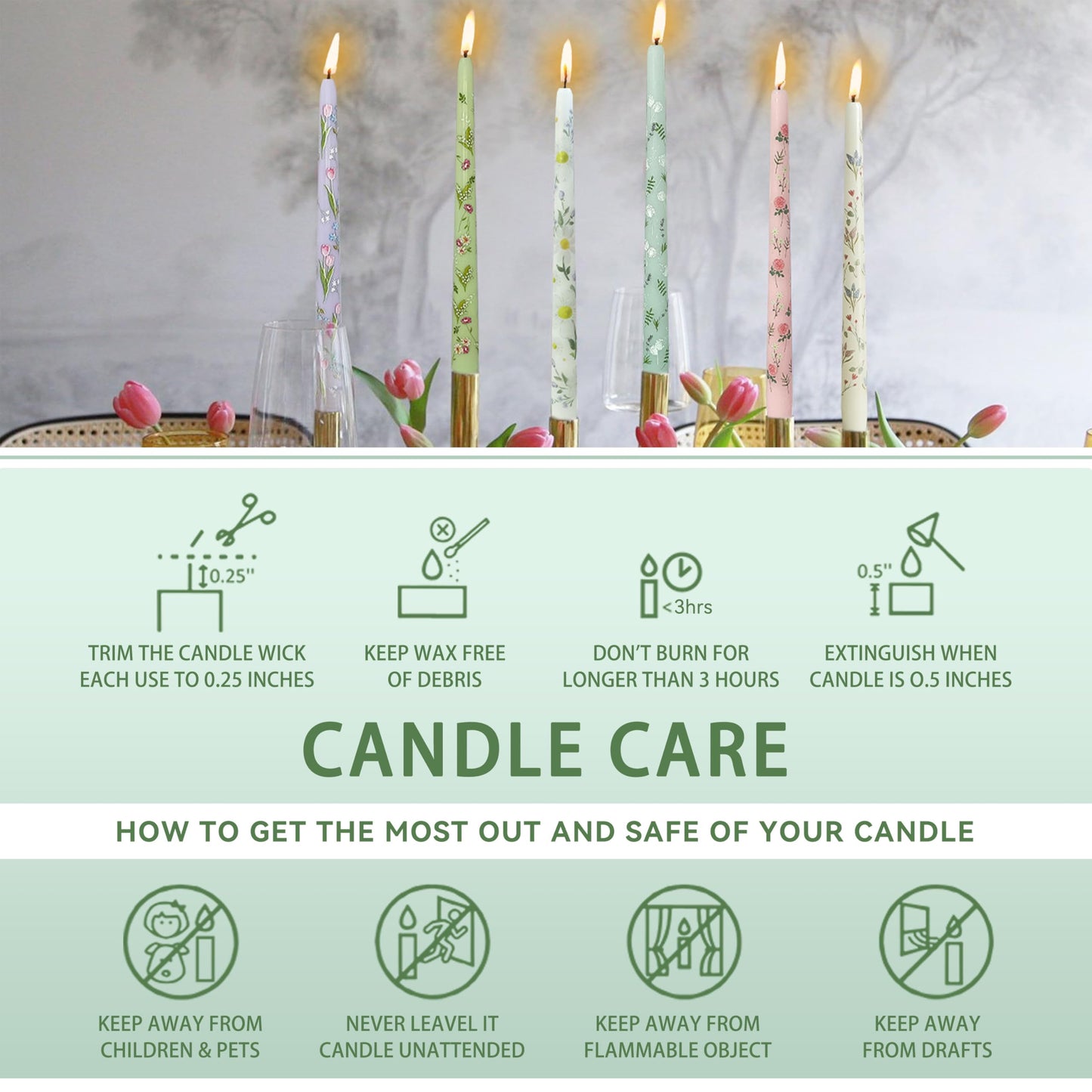 Hyacinth Printed Taper Candle Dripless Candles Sticks - 4 pcs Handmade White Taper Candle 10 inches Long Tapered Candles for Home Party Wedding Restaurant Holiday Decor