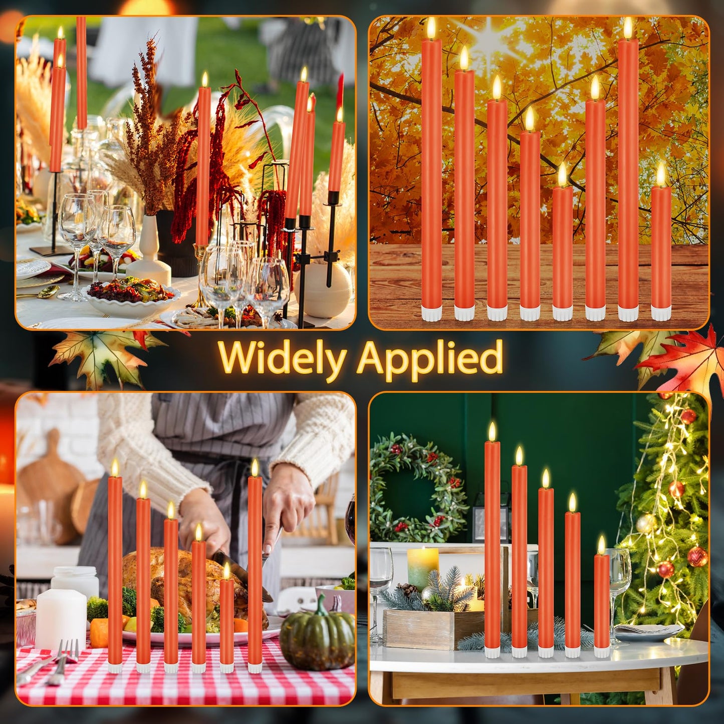 Rossesay 20 Pcs Flameless LED Taper Candles Battery Operated Taper Candles 5 Sizes of 6.5'', 7.7'', 8.8'', 10.0'', 11.2'' Flameless Candlesticks Flickering with 3D Flame for Wedding (Orange)