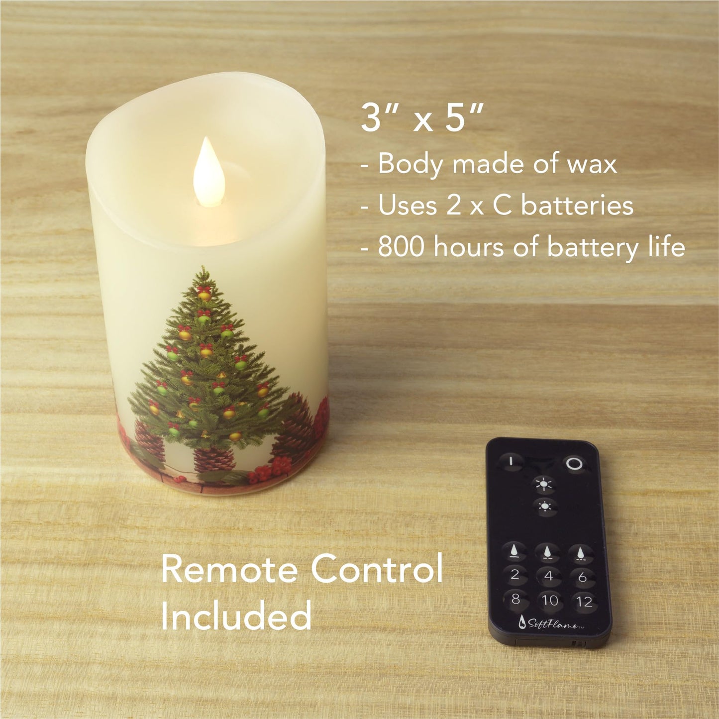 Softflame Christmas Flameless Candles with Remote Control, 3"x 5"Battery Operated Flickering 3D Wick Real Wax Pillar Christmas Tree Candle