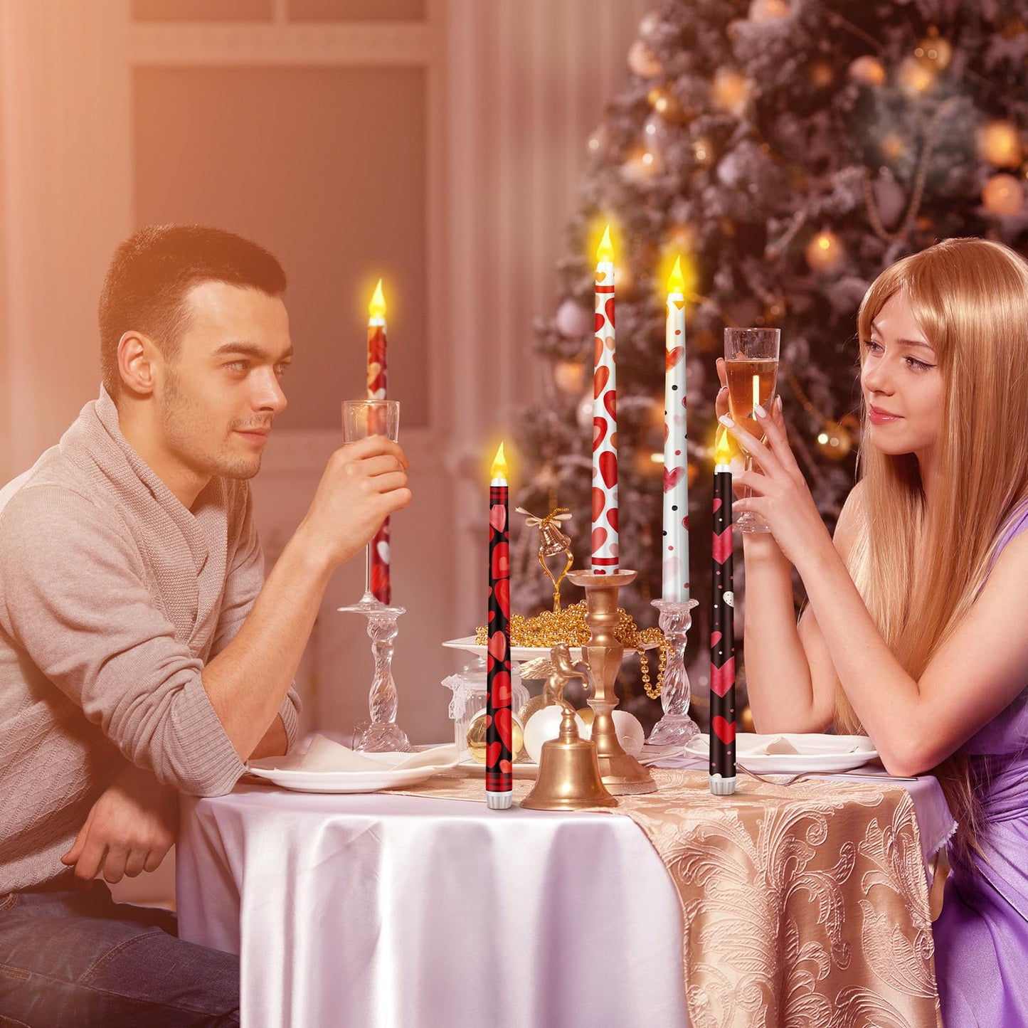 Aurelema 6 Pcs Valentines Day LED Flameless Candle Set Valentine Day Flameless Taper Candles with Heart Battery Operated Seasonal Celebration with Remote for Wedding Romantic Night