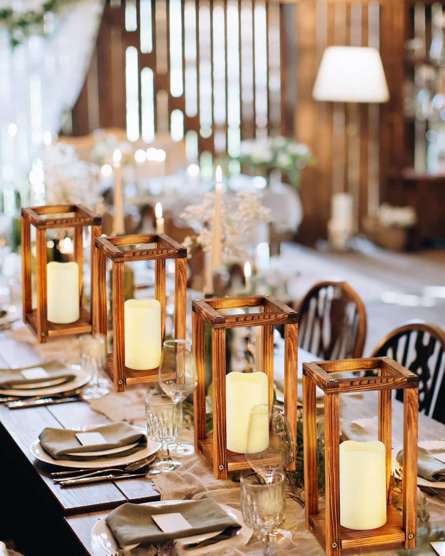 Huquary 32 Pcs/16 Set Wooden Wedding Lantern Centerpiece Include Farmhouse Candle Holders and Flameless LED Candles for Rustic Wedding Table Decoration