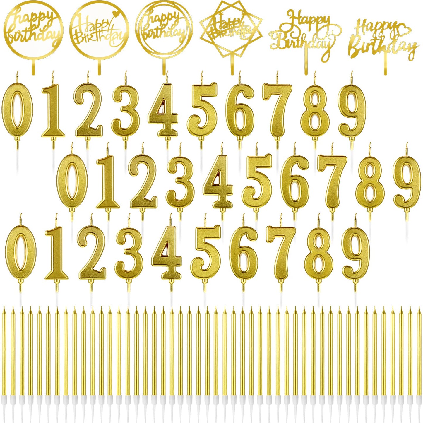 Shihanee 84 Pcs Birthday Cake Toppers Decorations Long Thin Metallic Birthday Candles Bulk Number Candles 0-9 DIY Cake Decor for Wedding Anniversary Party(Gold)