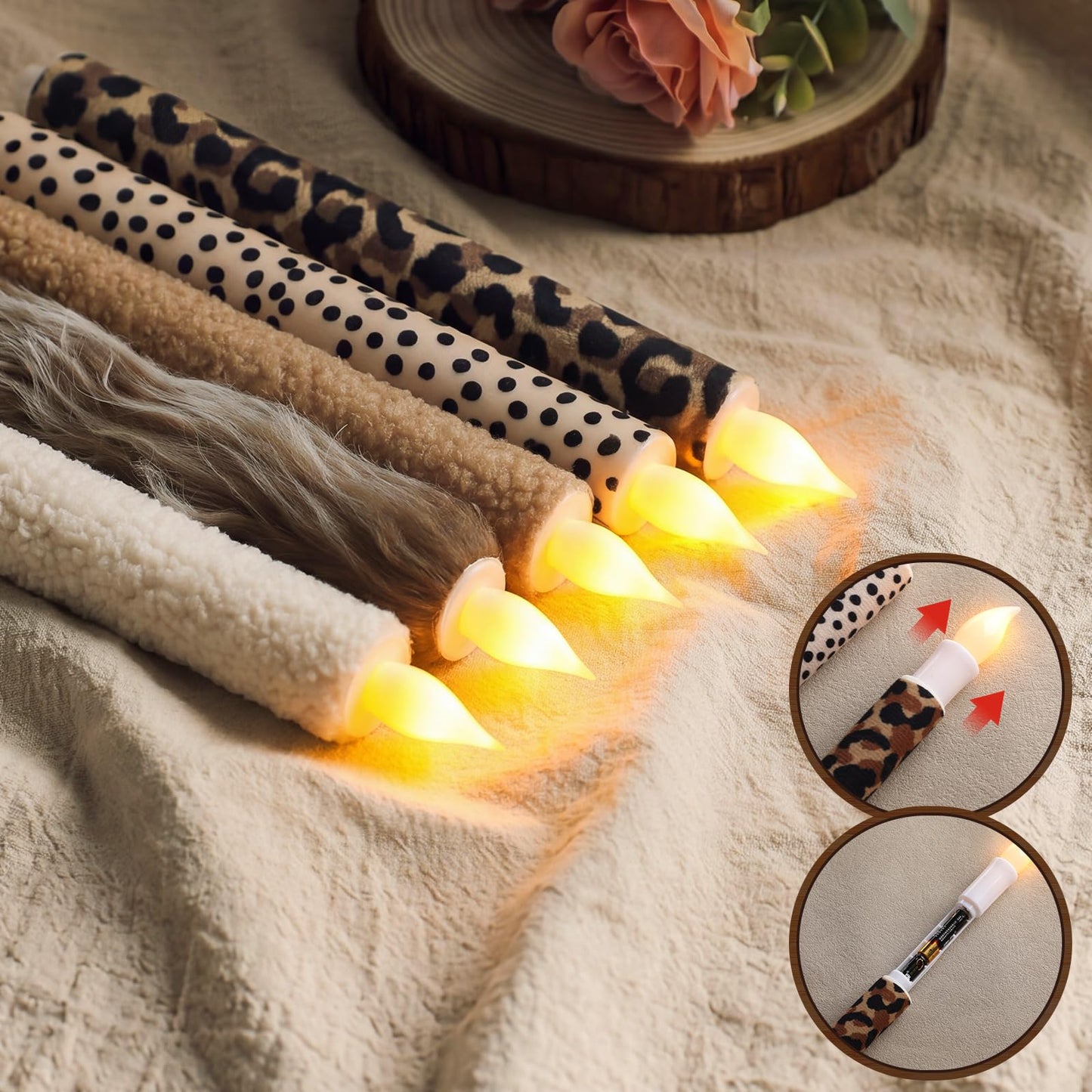 Fumete 5 Pcs Leopard Plush Candle 10.6 Inch Lambswool Flameless LED Taper Candlesticks Leopard Print Theme Decor Print Flameless Battery Operated for Dinner Table Home Bathroom Birthday Party Decor