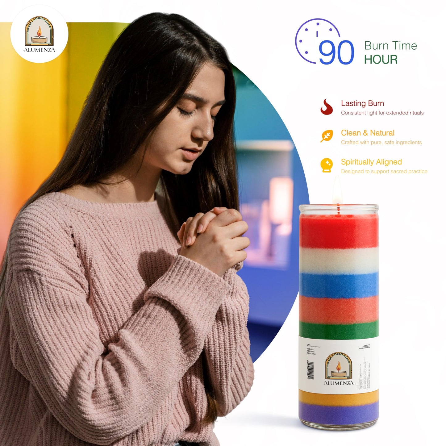 Alumenza 7 Day Candle in Glass Jar – Clean Burning Unscented – Large & Tall Devotional Prayer Pillar Candles for Home, Memorial, Rituals, Spells, Baptisms, Long Lasting (7 Color, Pack of 6)