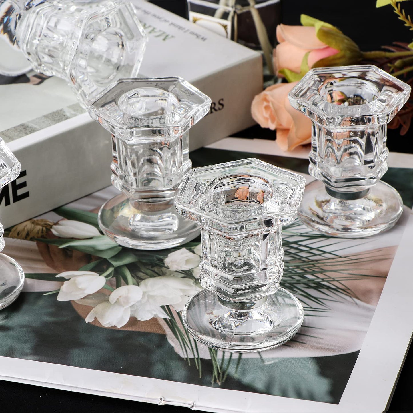 Lanttu 12 Pcs Clear Candlestick Holders Bulk, Glass Candle Holders Set Clear, Crystal Taper Candle Holder for Wedding, Table Centerpiece, Home Decoration