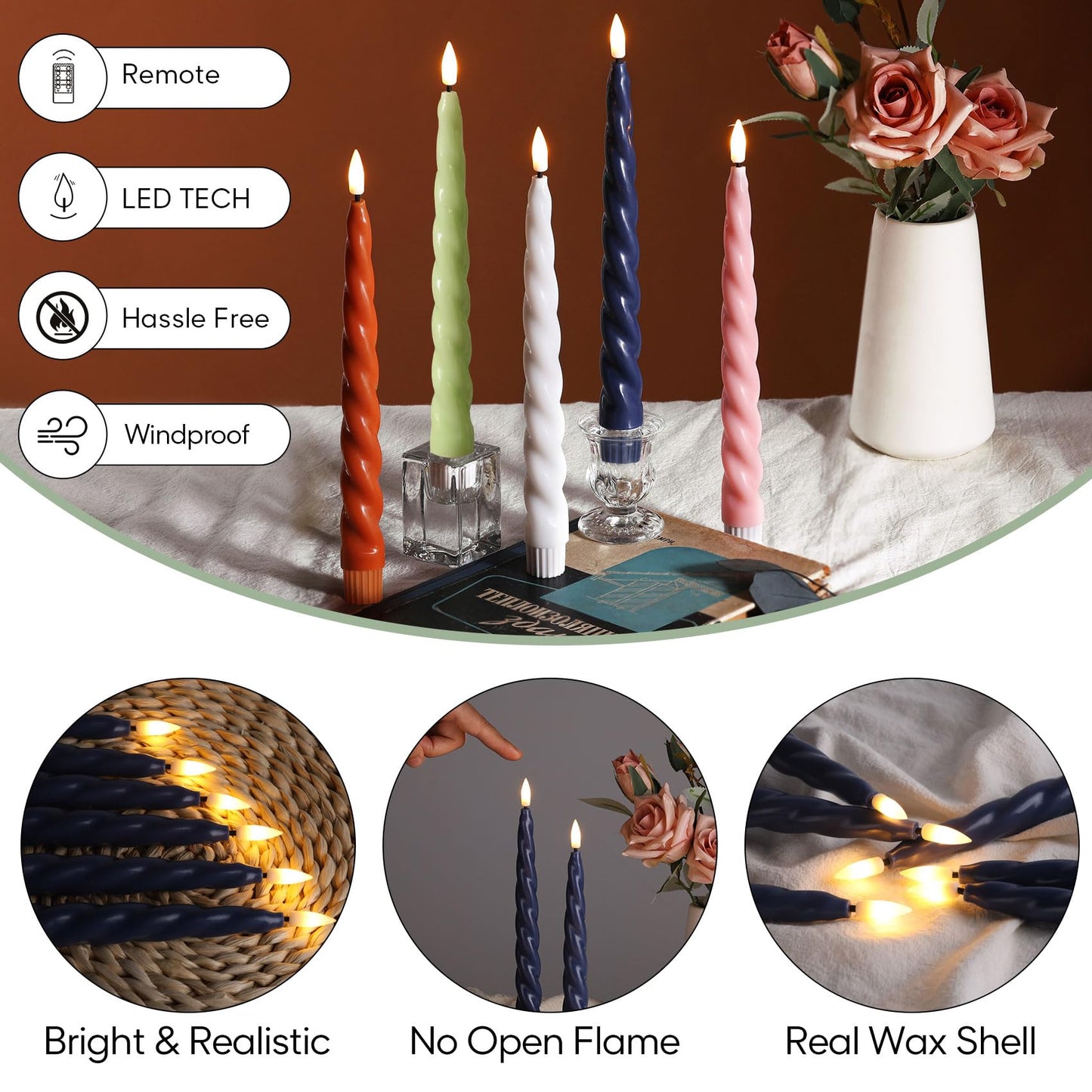 Girimax Spiral Flameless Taper Candles with Remote, Navy Blue Candles Battery Operated, Flickering LED Wax Candlesticks Set of 6
