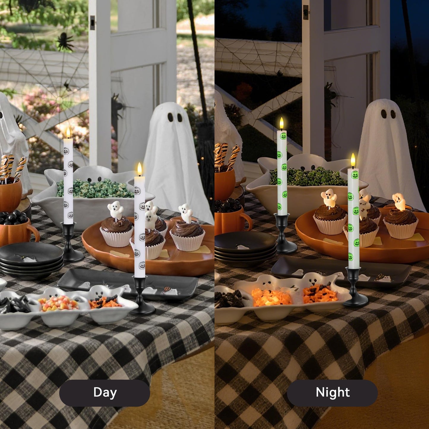 SEHNSY Halloween LED Flameless Taper Candles with Remote and Timer, 4 Pack Battery Operated Real Wax Candles with Glow in The Dark Pumpkin Face Stickers for Halloween Table Party Decor