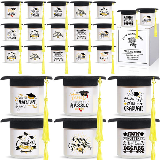Conelist 48Pcs Graduation Scented Candles Gifts Set for Her Him Include 24 Pcs 7oz Jar Soy Wax Candles and 24 Pcs Mini Graduation Cap for Masters Degree College High School Graduate Gifts