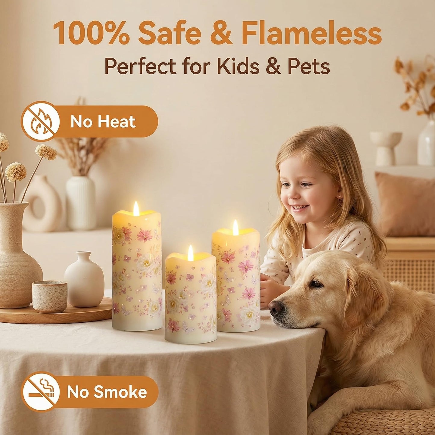 Eywamage Fiber Optic Flameless Pillar Candles with Remote, Floral Butterfly Spring LED Candles Flickering Home Decor Gift Set of 3
