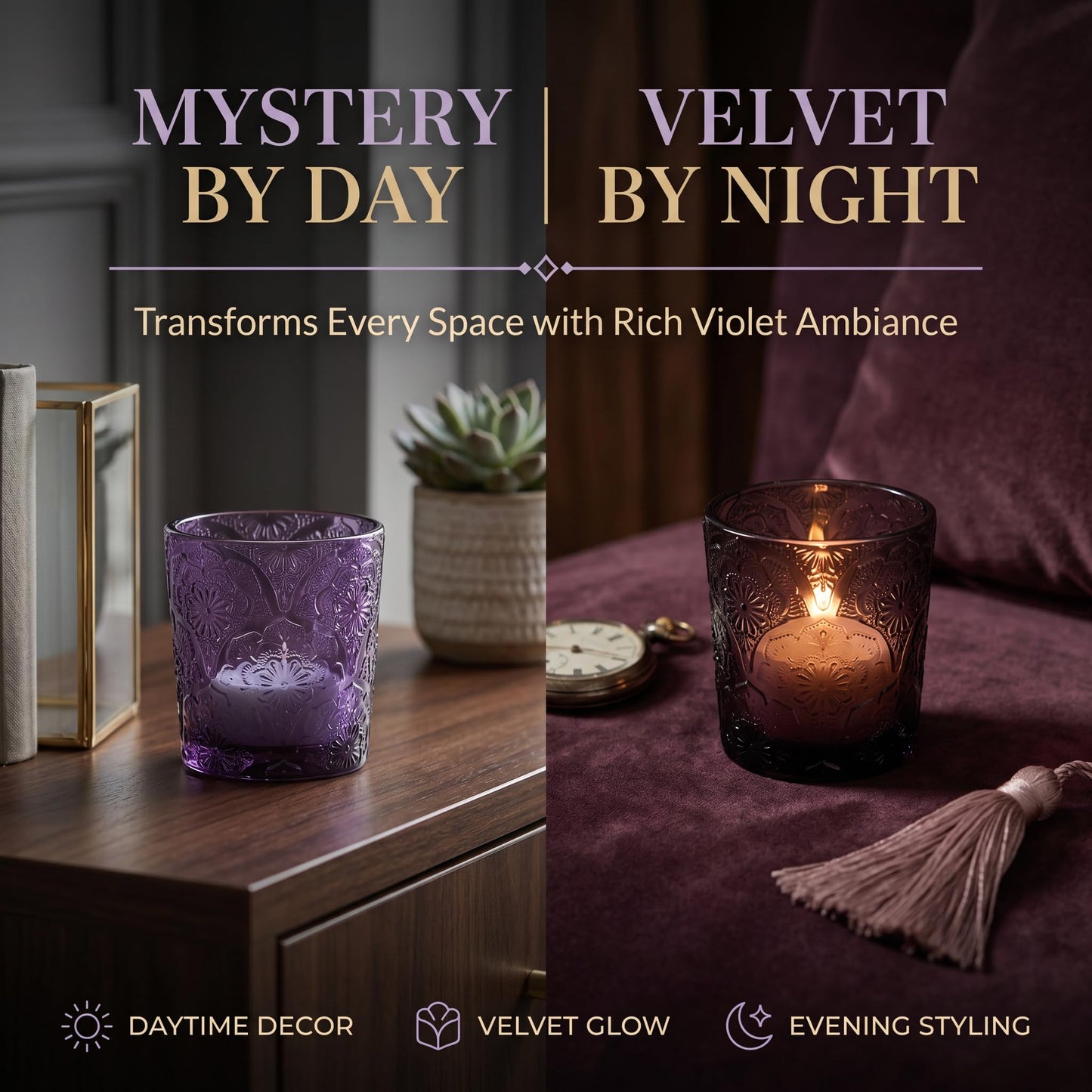 12 Pack Mandala Embossed Glass Candle Holders – Votive Tealight Holders with Patent Design, Decorative Embossed Glass Cups for Wedding Centerpieces, Parties, and Home Décor (Amethyst Bloom)