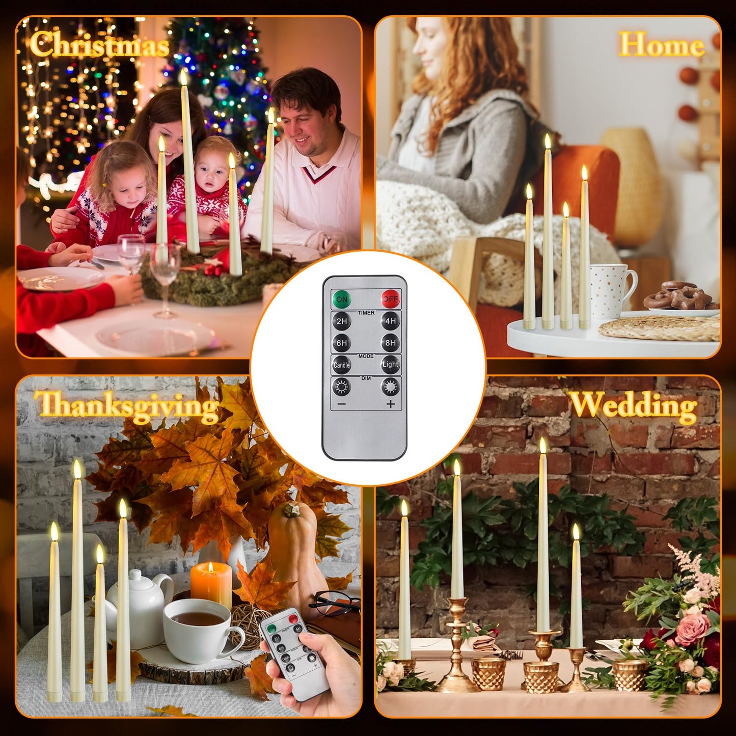 Rossesay 28 Pcs Flameless Taper Candles with Timer Remote 4 Sizes of 8.5", 9.6", 10.83", 12.8" LED Flickering Taper Candles Battery Operated for Valentine's Day Church Wedding Home Decor(Warm White)