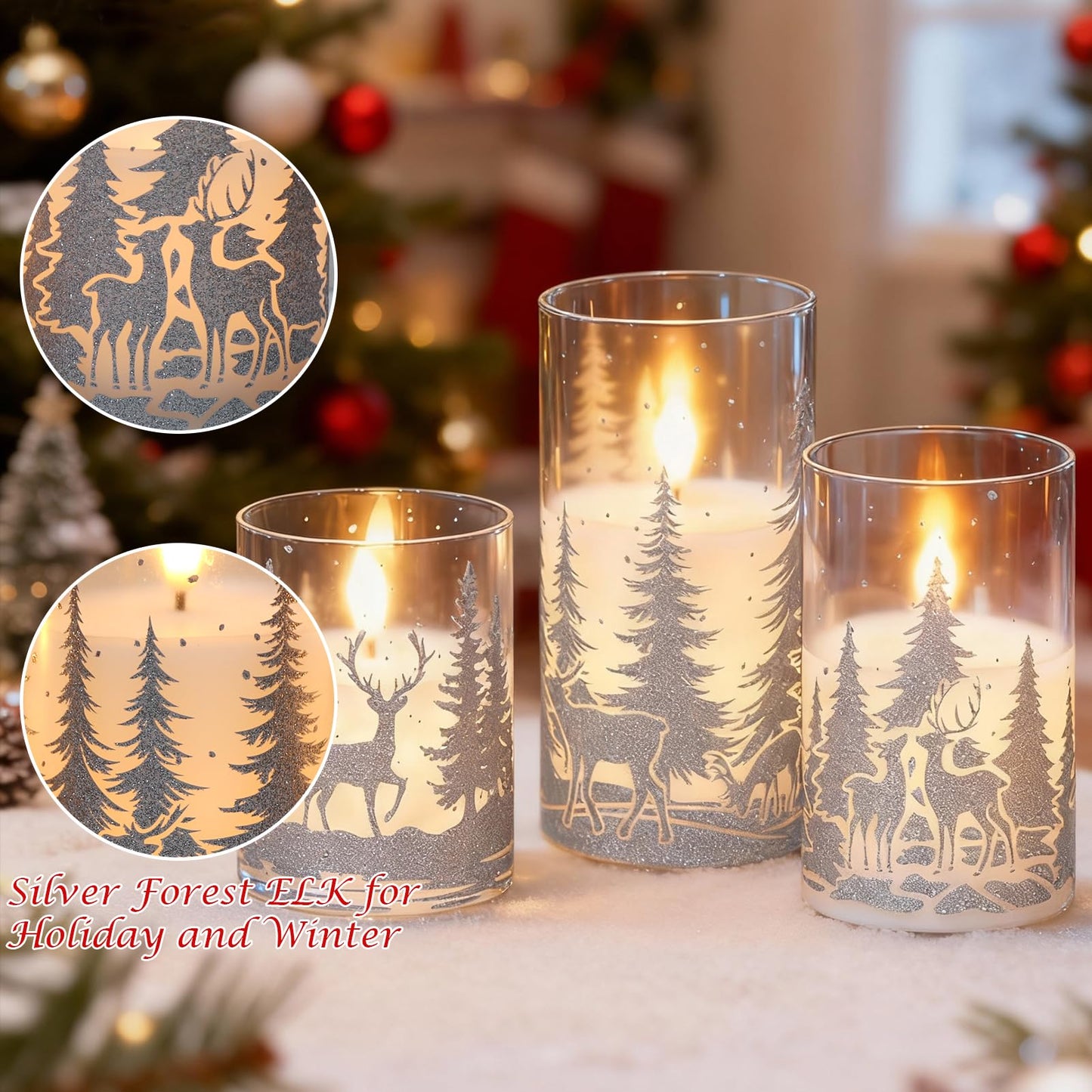 KunSwenn Christmas Flameless Candles with Silver Reindeer Decals, 3 Pack LED Glass Battery Operated Candles with Remote Timer, Pillar Candles with Deer and Tree Pattern for Christmas Winter Decor